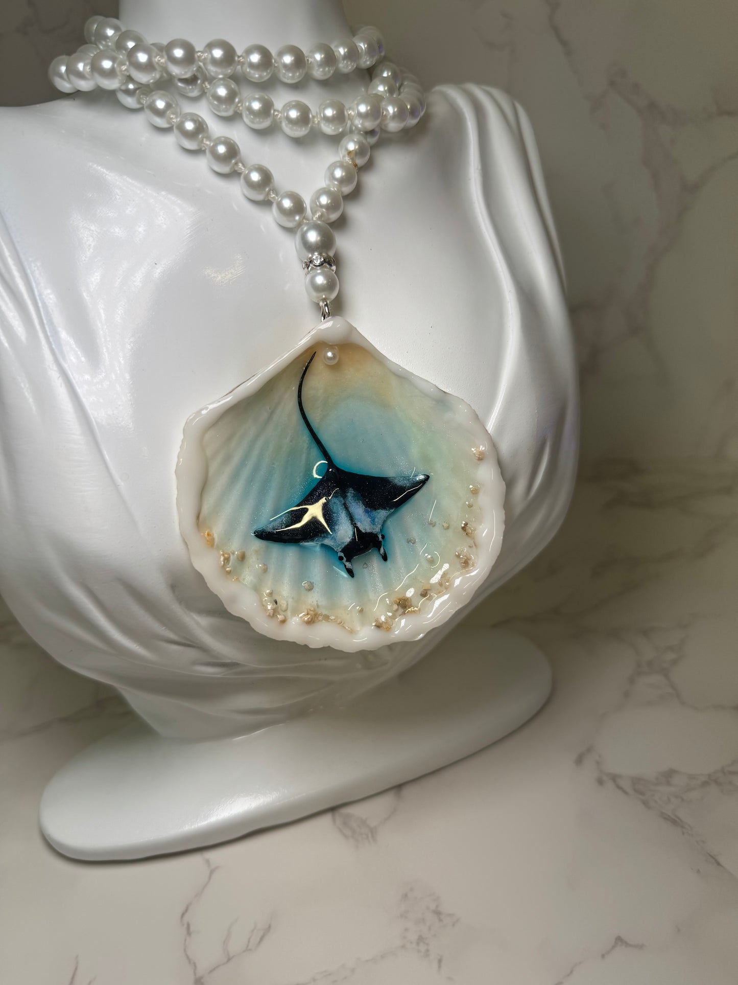 Pearl Handmade Manta Ray Necklace Encapsulated in Real Shell with UV Resin on Pearl Strand