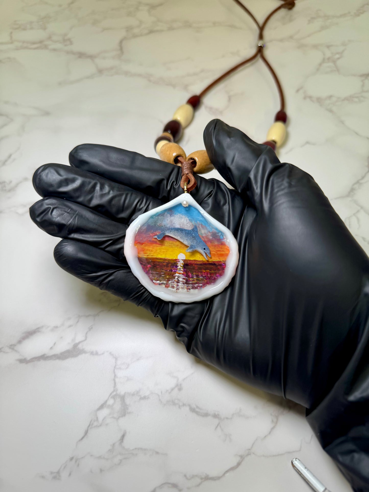 Beautiful Single Dolphin Necklace Handmade Dolphin Necklace Over Painted Ocean Sunset Encapsulated in Real Shell with UV Resin on Leather Cord