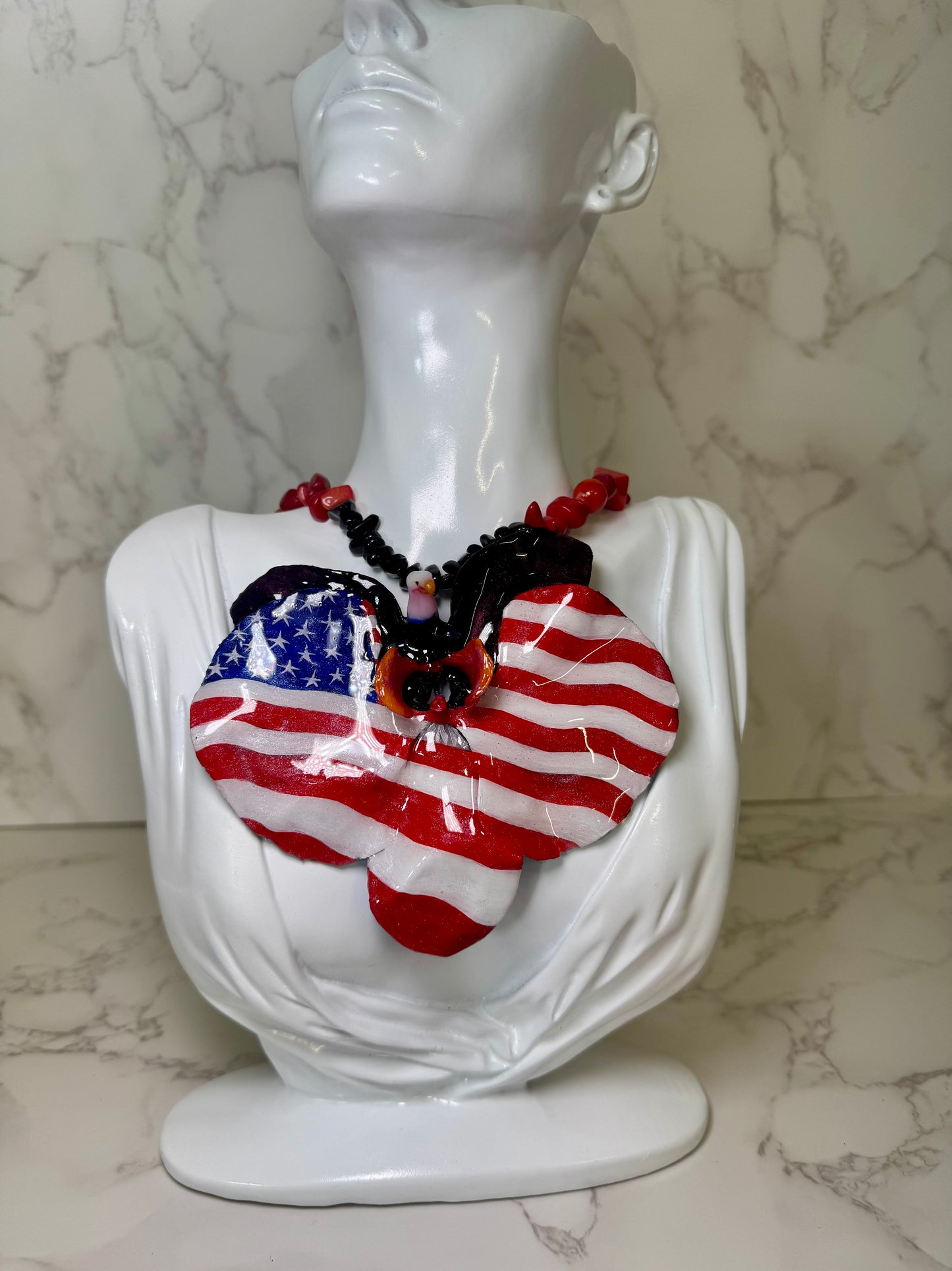 American Orchid Necklace Real Dried Orchid with American Flag and Bald Eagle Artwork