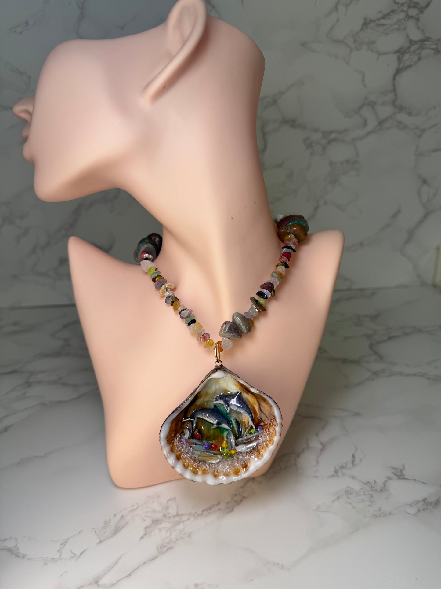 Dolphin Duo Playing Big Reef Shell Necklace - Encapsulated in Real Shell with UV Resin