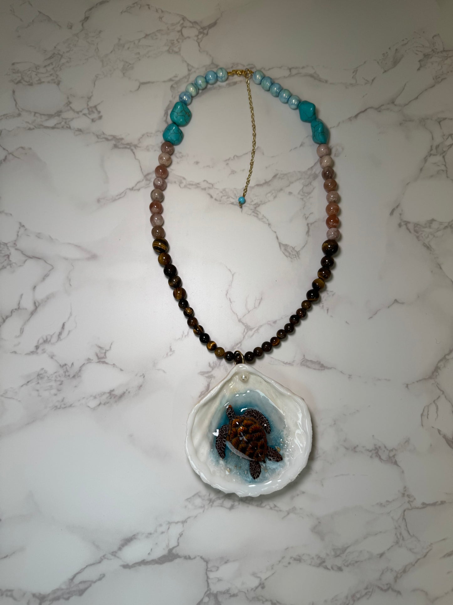 Dark Brown Sea Turtle Resin‑Encased Sea Turtle in Shell with UV Resin on Crystal Bead Necklace