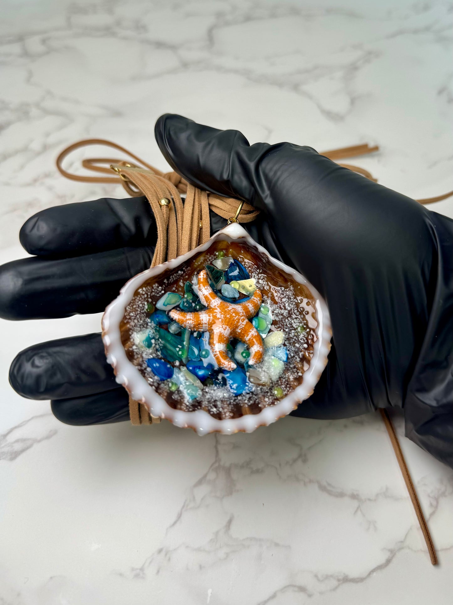 Set Beautiful Orange StarFish with Rocks Handmade Orange Starfish Necklace with White Dots Encapsulated in Real Shell with UV Resin
