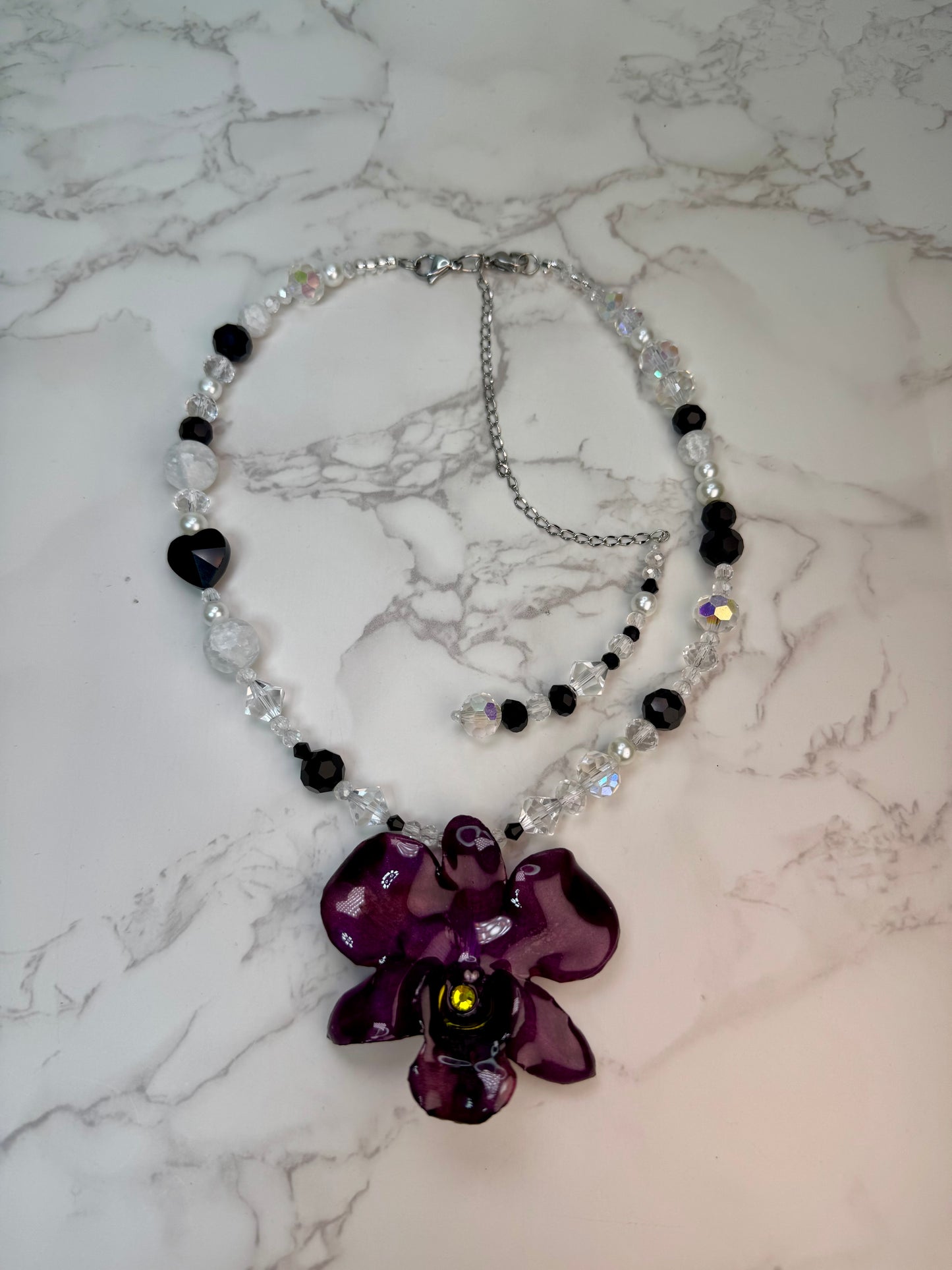 Night Handmade Real Mini Dark Red Orchid Necklace | Resin Flower Jewelry | Made in USA)