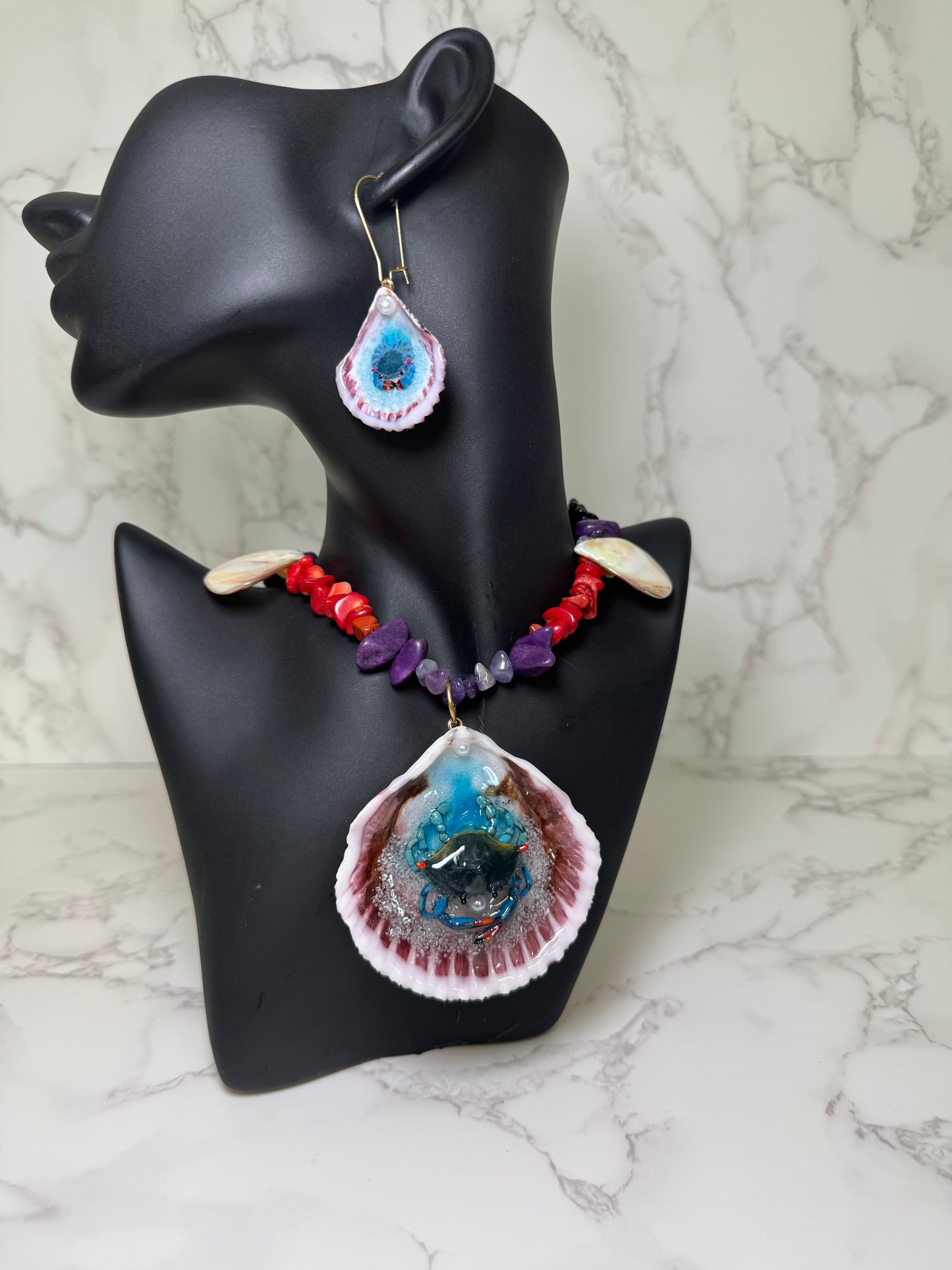 Set Blue Crab Necklace Resin‑Encased Shell Collection Shell Necklaces Sea Necklaces Epoxy Resin