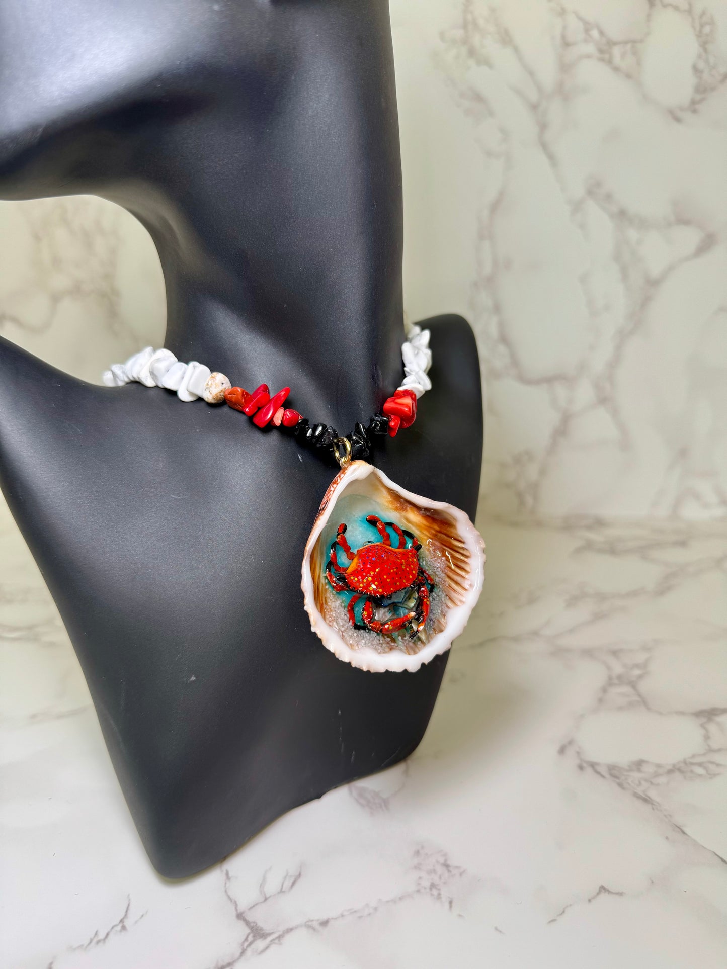 Set Crab Handmade Red Crab Necklace Encapsulated in Real Shell with UV Resin on Natural Stone Beads