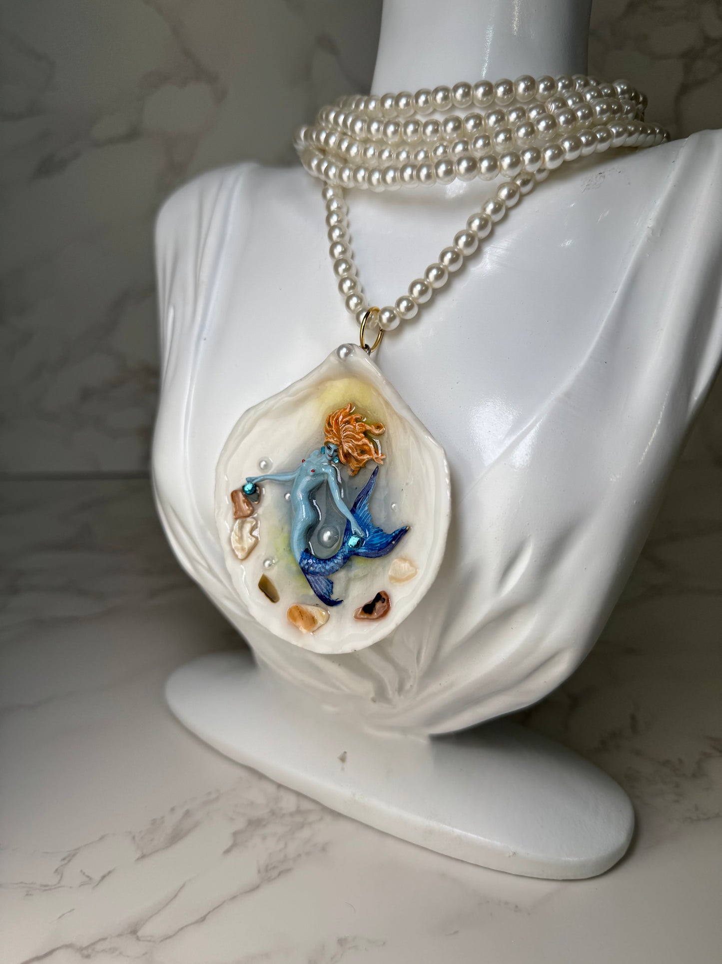 March Diamond Mermaid Sea Shell Necklace – Mermaid in Shell with UV Resin