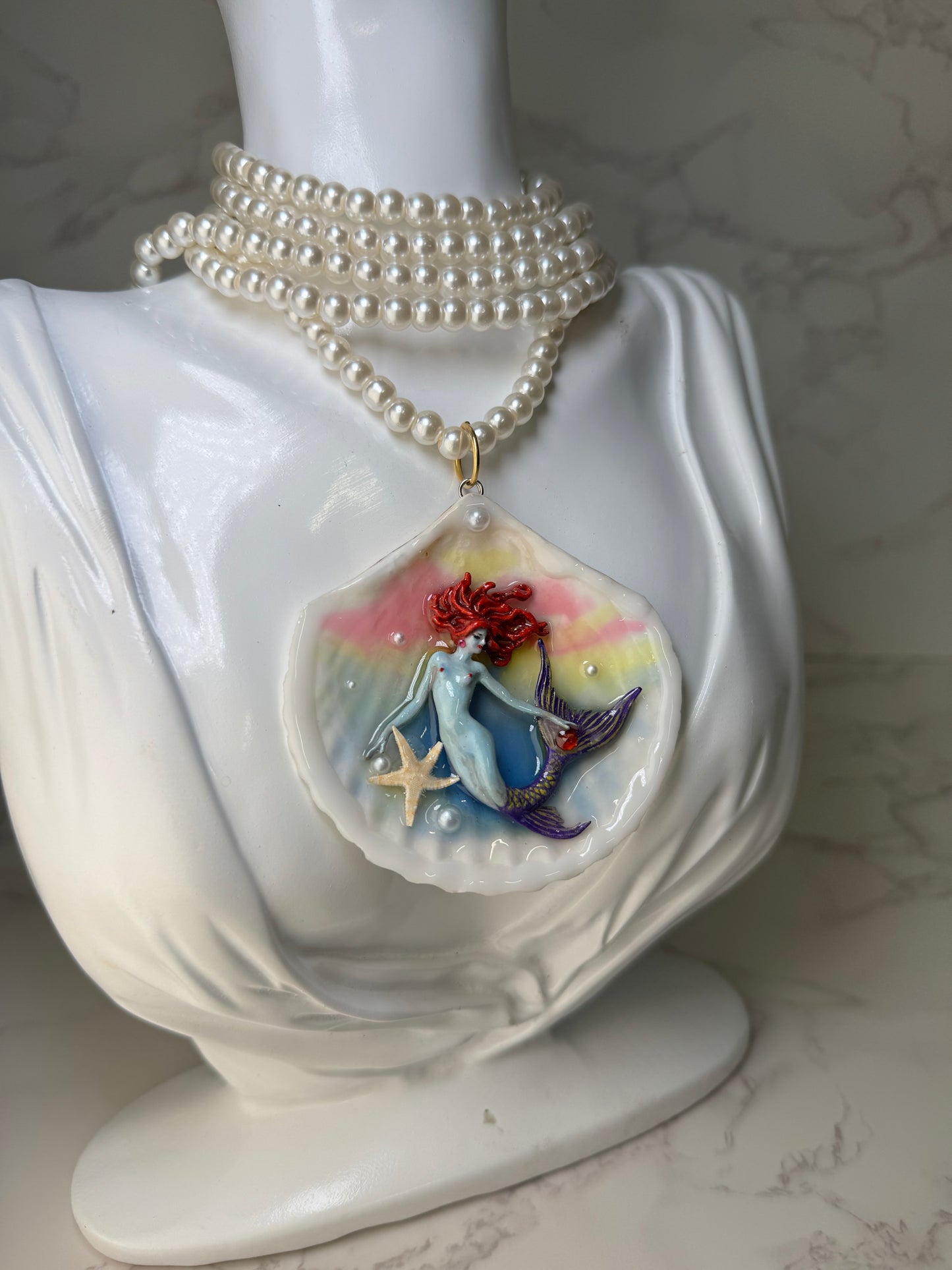 June Red Hair Sea Star Mermaid Sea Shell Necklace – Mermaid in Shell with UV Resin