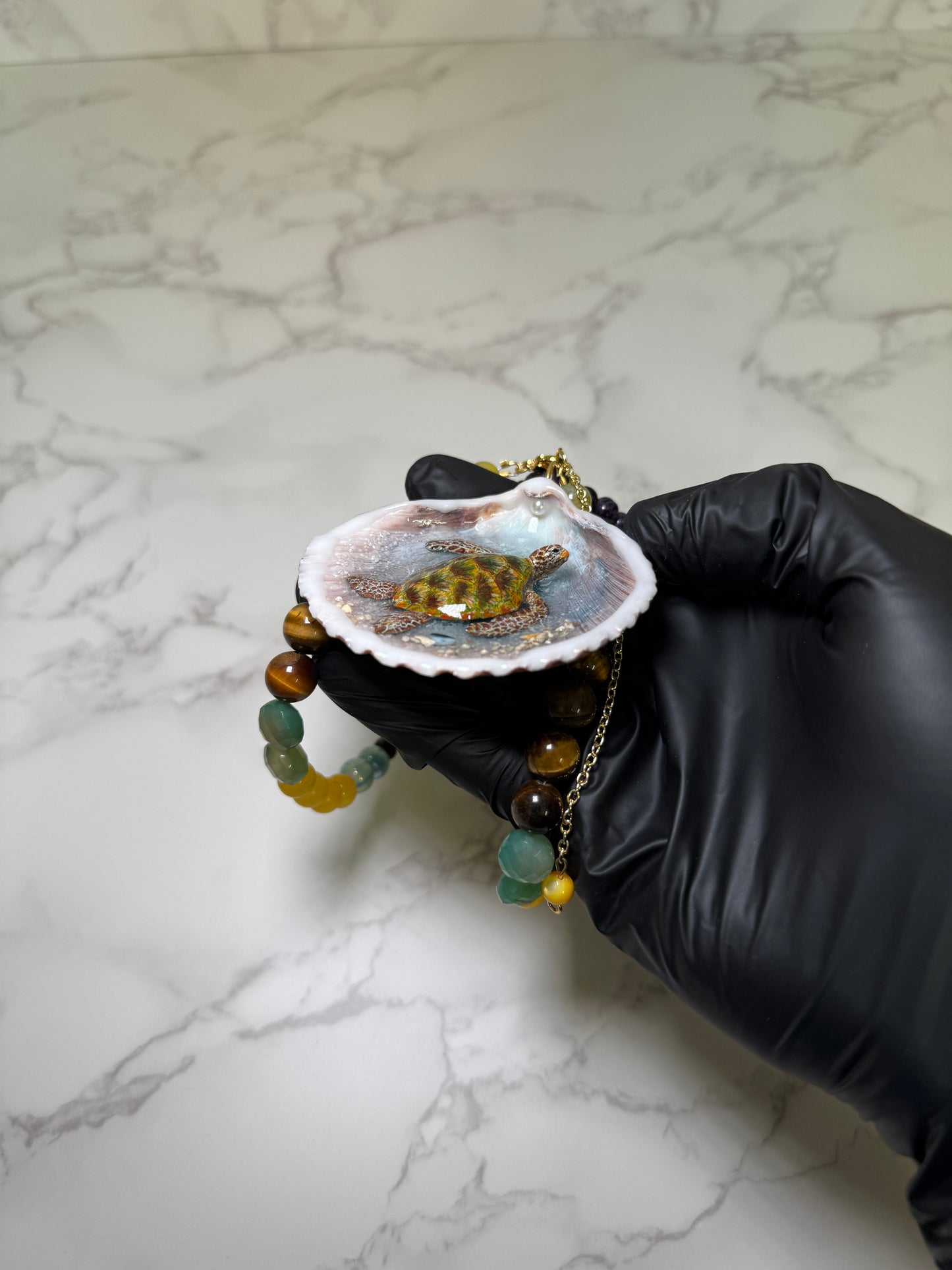 Green Sea Turtle Handmade Sea Turtle Necklace Encapsulated in Real Shell with UV Resin on Fine Colored Crystal Beads