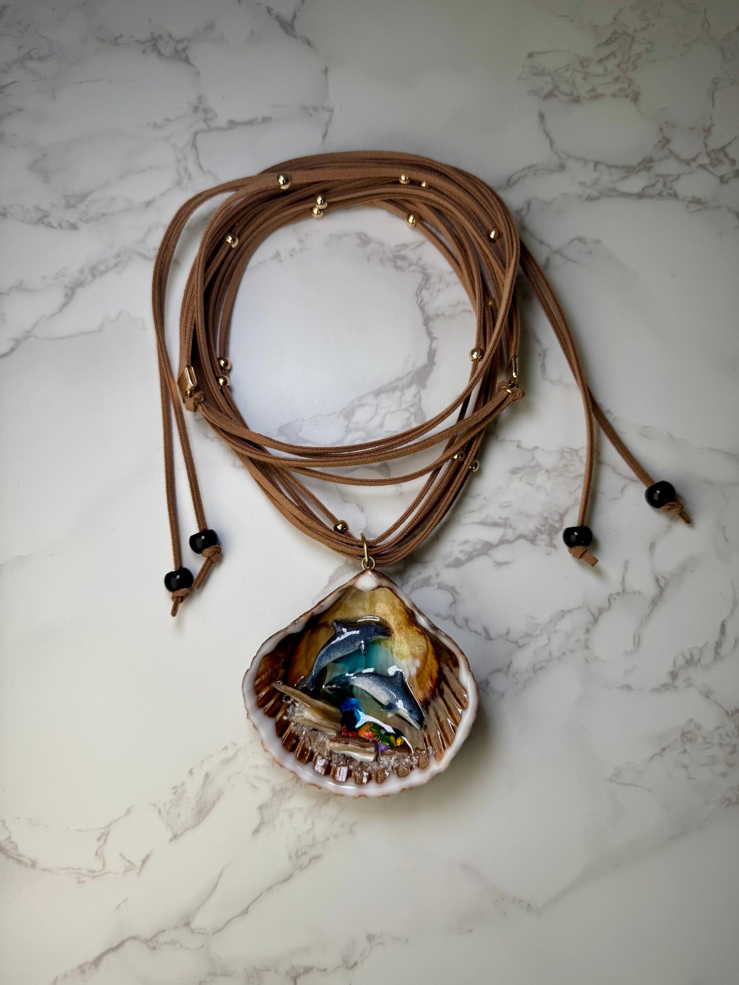 Dolphin Duo Diving Small Reef Shell Necklace - Encapsulated in Real Shell with UV Resin on Adjustable Leather Cord