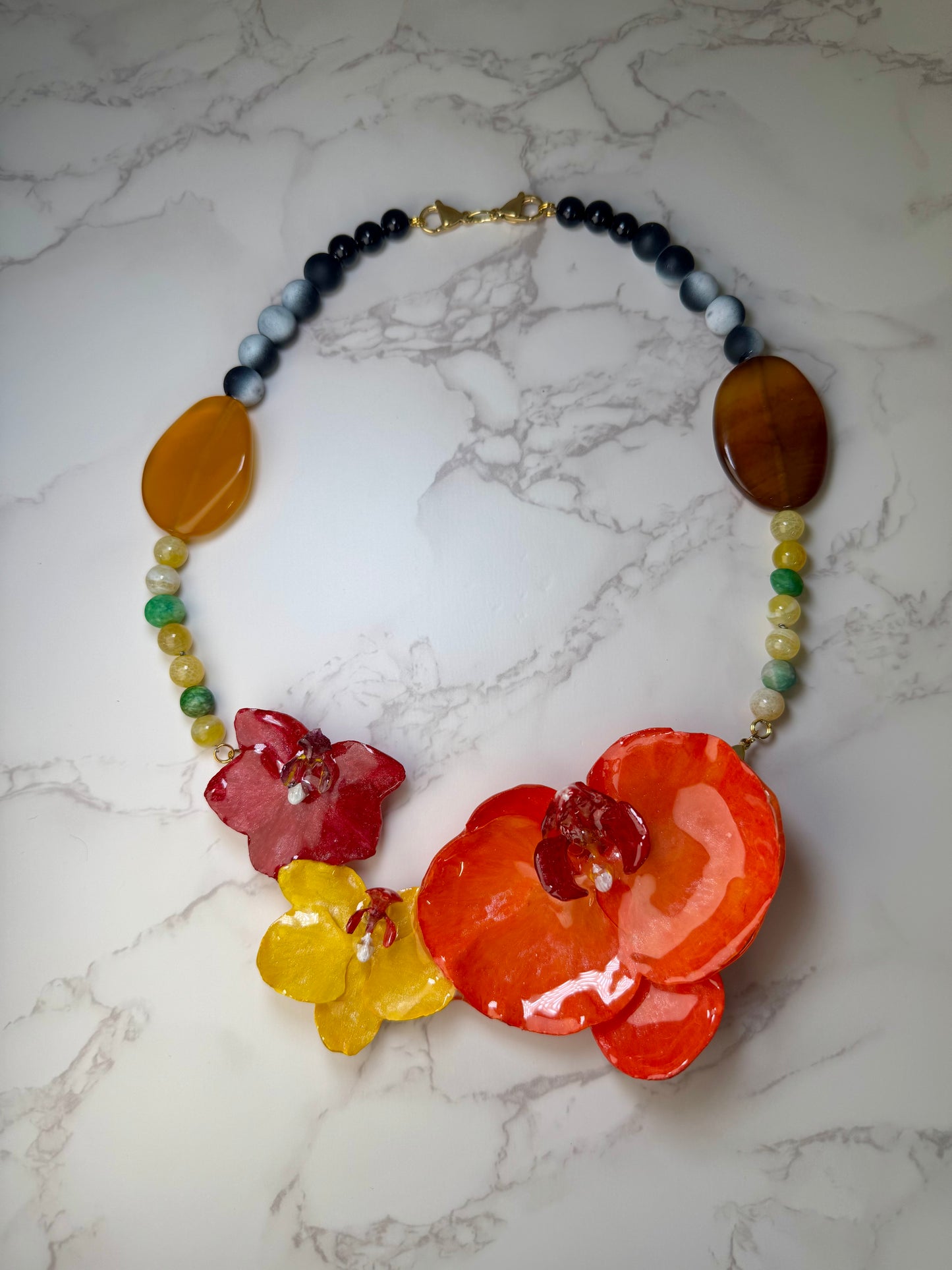 Big Orange Orchid with small red and yellow orchid Necklace - Real Orchid Necklace – Natural Flower Preserved in Resin