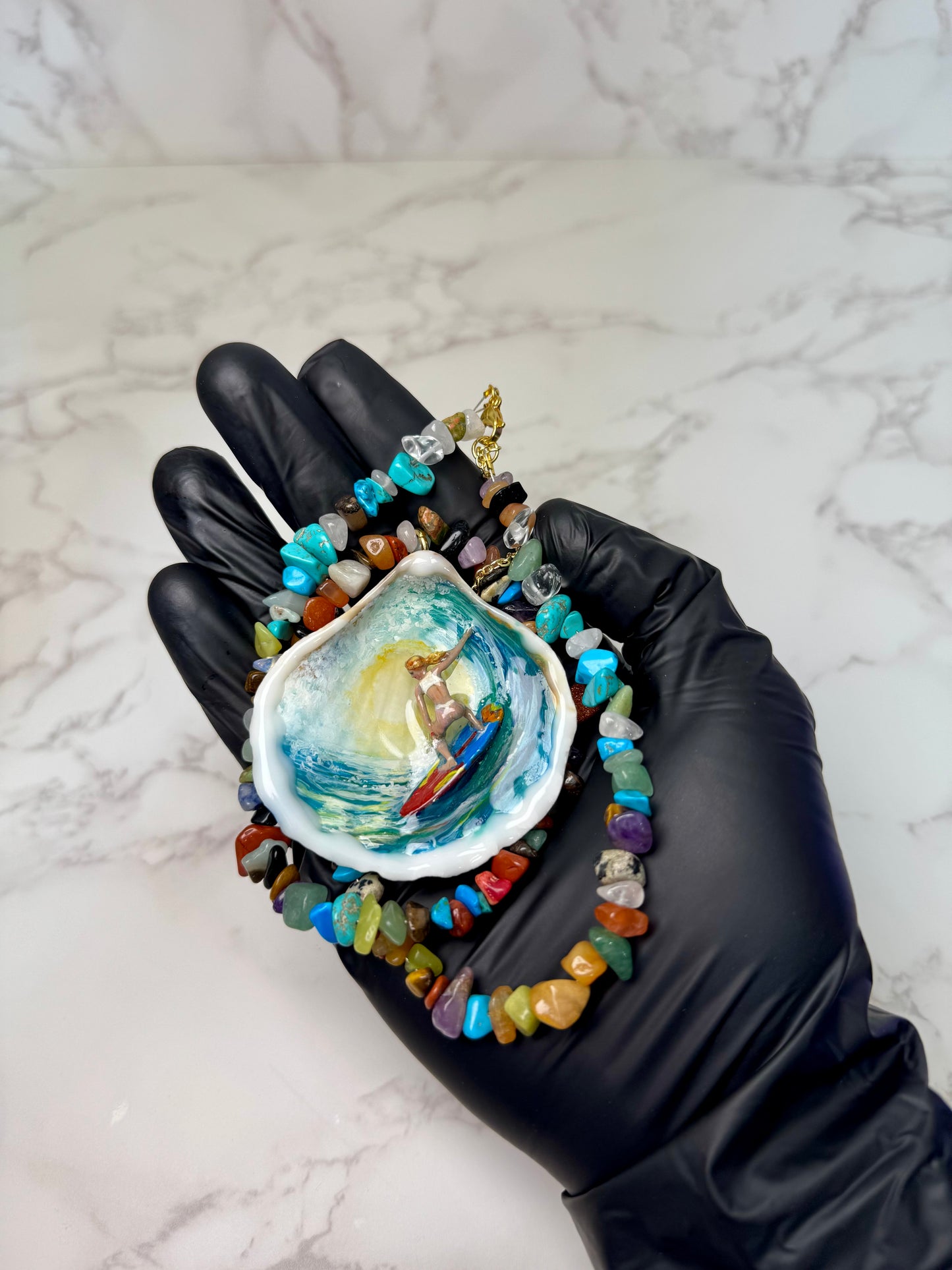 Handmade Brass Surfer Necklace Suspended Over Painted Ocean in Resin on Multicolor Stone Beads