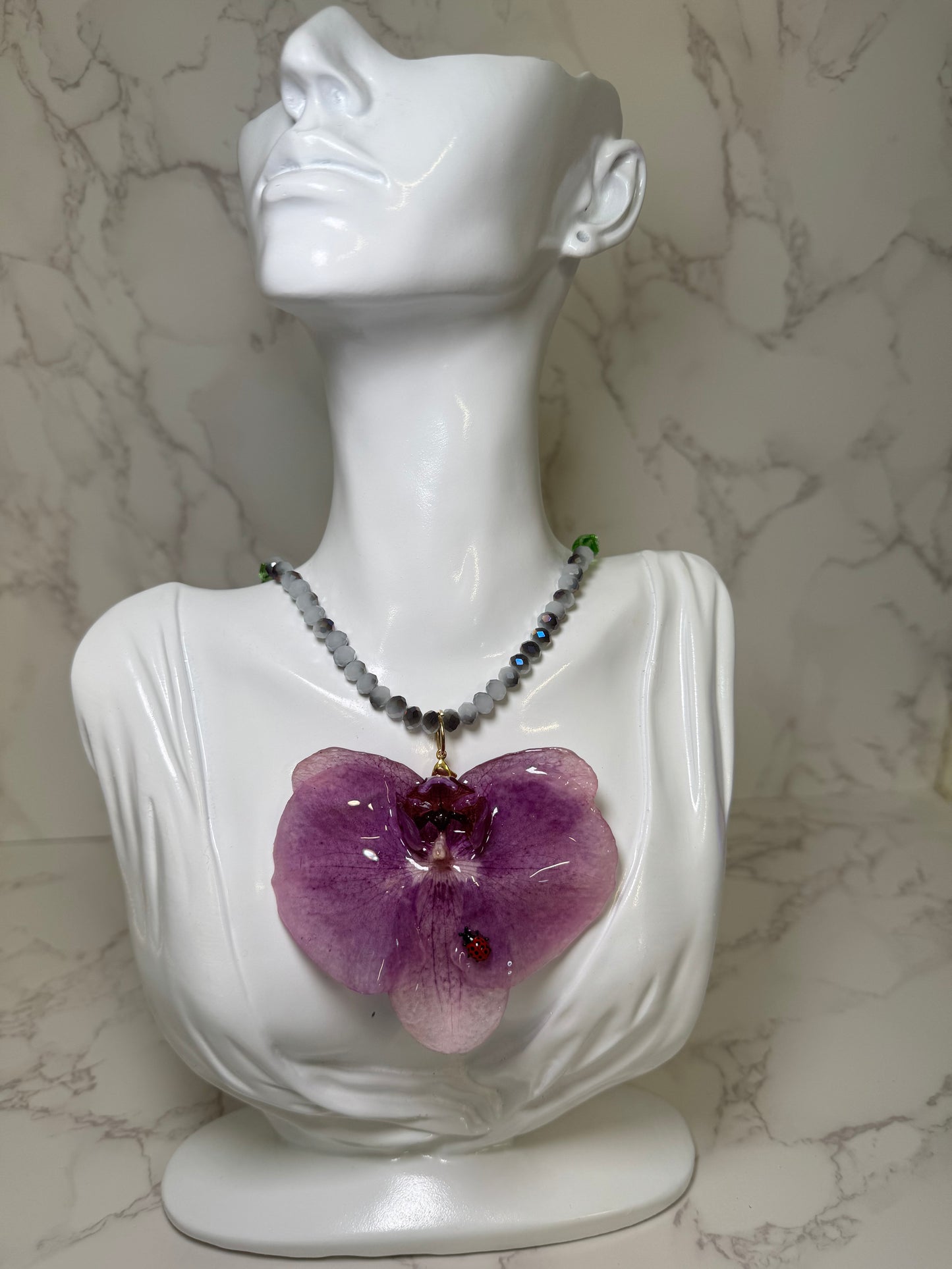 Purple Orchid with Ladybug Necklace Real Preserved Orchid Jewelry – Natural Orchids in UV Resin