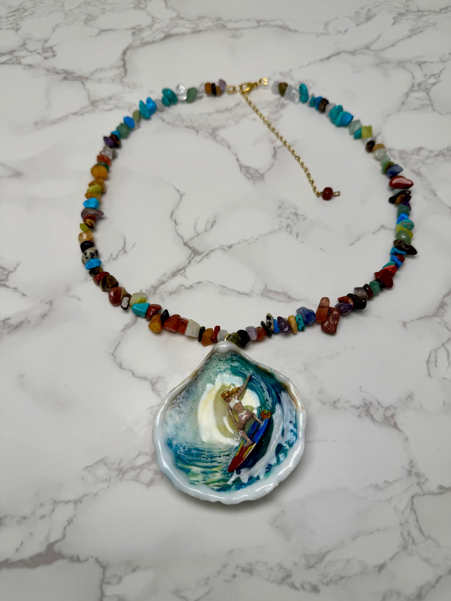 Handmade Brass Surfer Necklace Suspended Over Painted Ocean in Resin on Multicolor Stone Beads