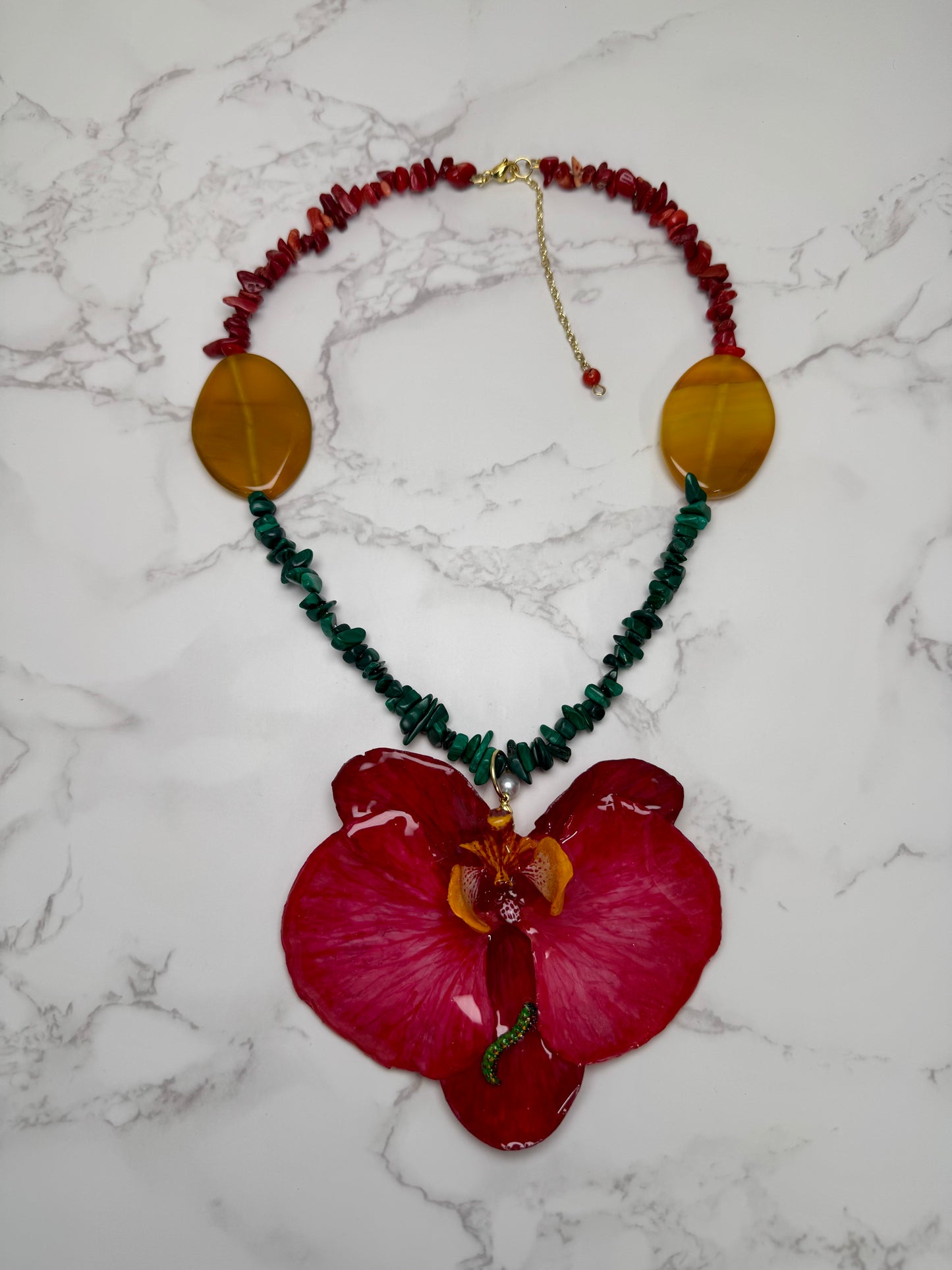 Fuchsia Orchid with Caterpillar Live Beauty Captured – Handmade Orchid Jewelry in Resin