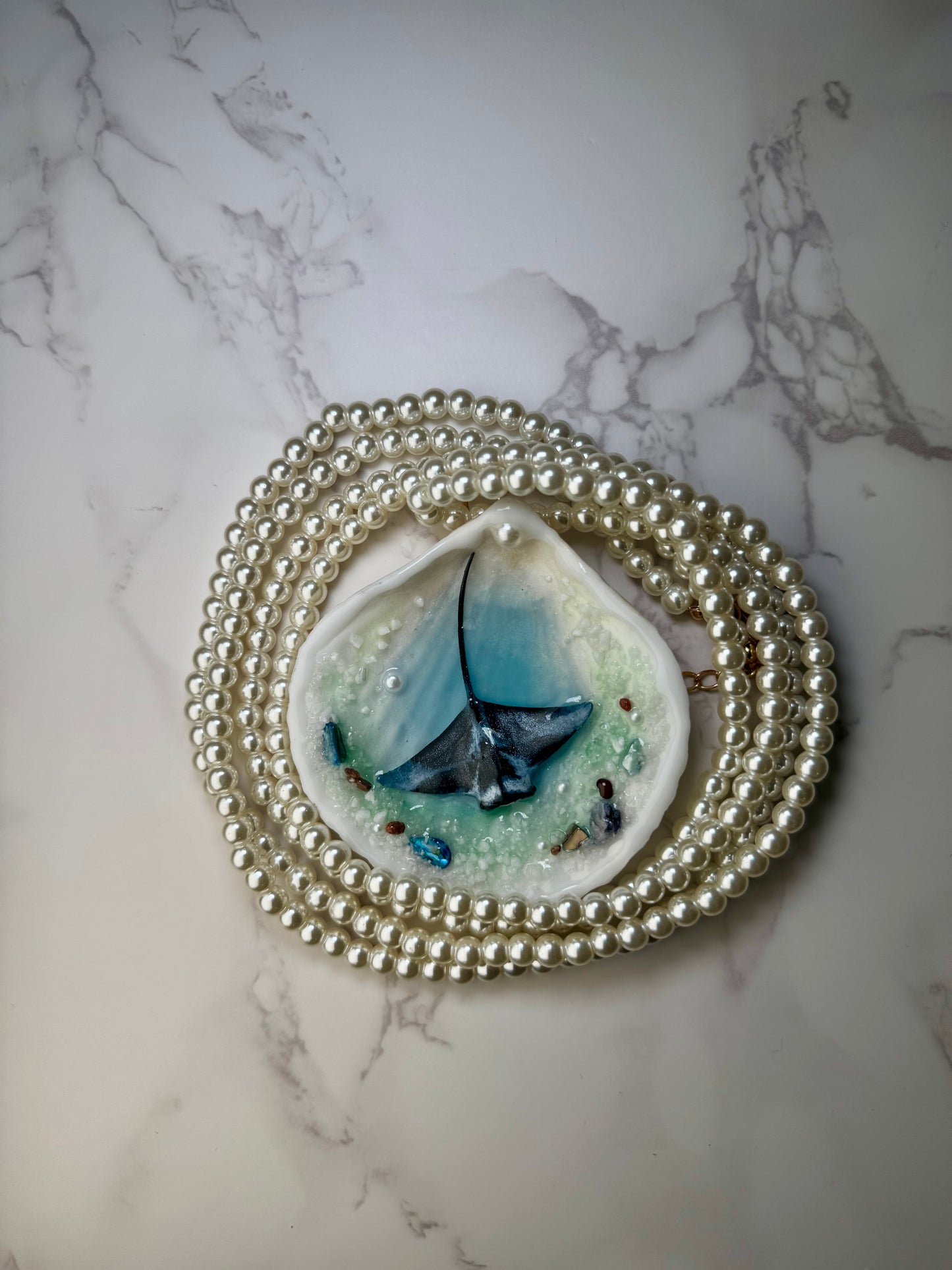 Pearl Handmade Manta Ray Necklace Encapsulated in Real Shell with UV Resin on Pearl Strand