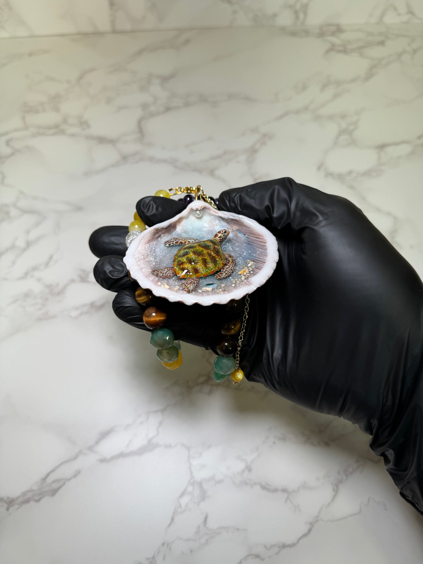 Green Sea Turtle Handmade Sea Turtle Necklace Encapsulated in Real Shell with UV Resin on Fine Colored Crystal Beads