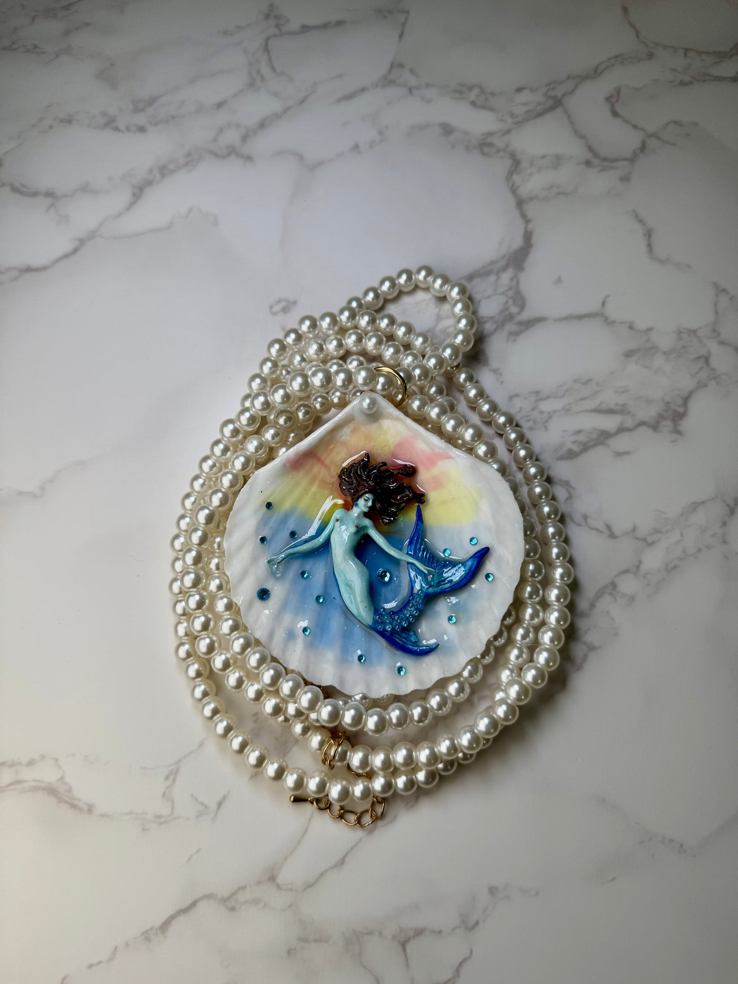 February Shimmering Tail Mermaid Sea Shell Necklace – Mermaid in Shell with UV Resin