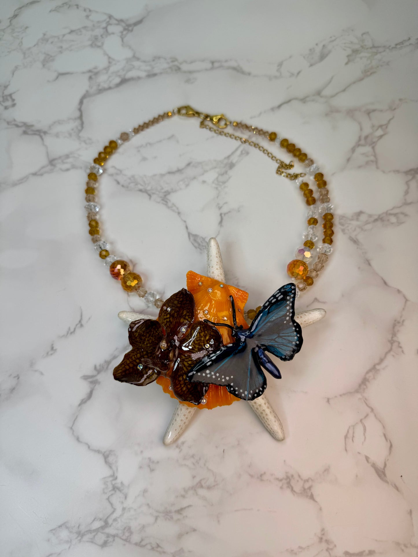 Jessy Real Starfish, Fake Butterfly & Preserved Flower Necklace | Convertible Hair Clip | Handmade Ocean & Botanical Jewelry