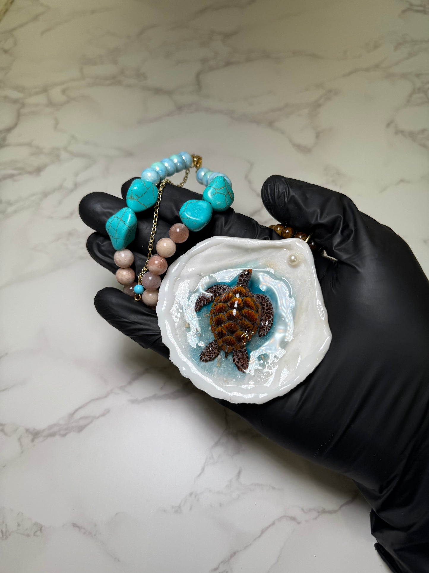 Dark Brown Sea Turtle Resin‑Encased Sea Turtle in Shell with UV Resin on Crystal Bead Necklace