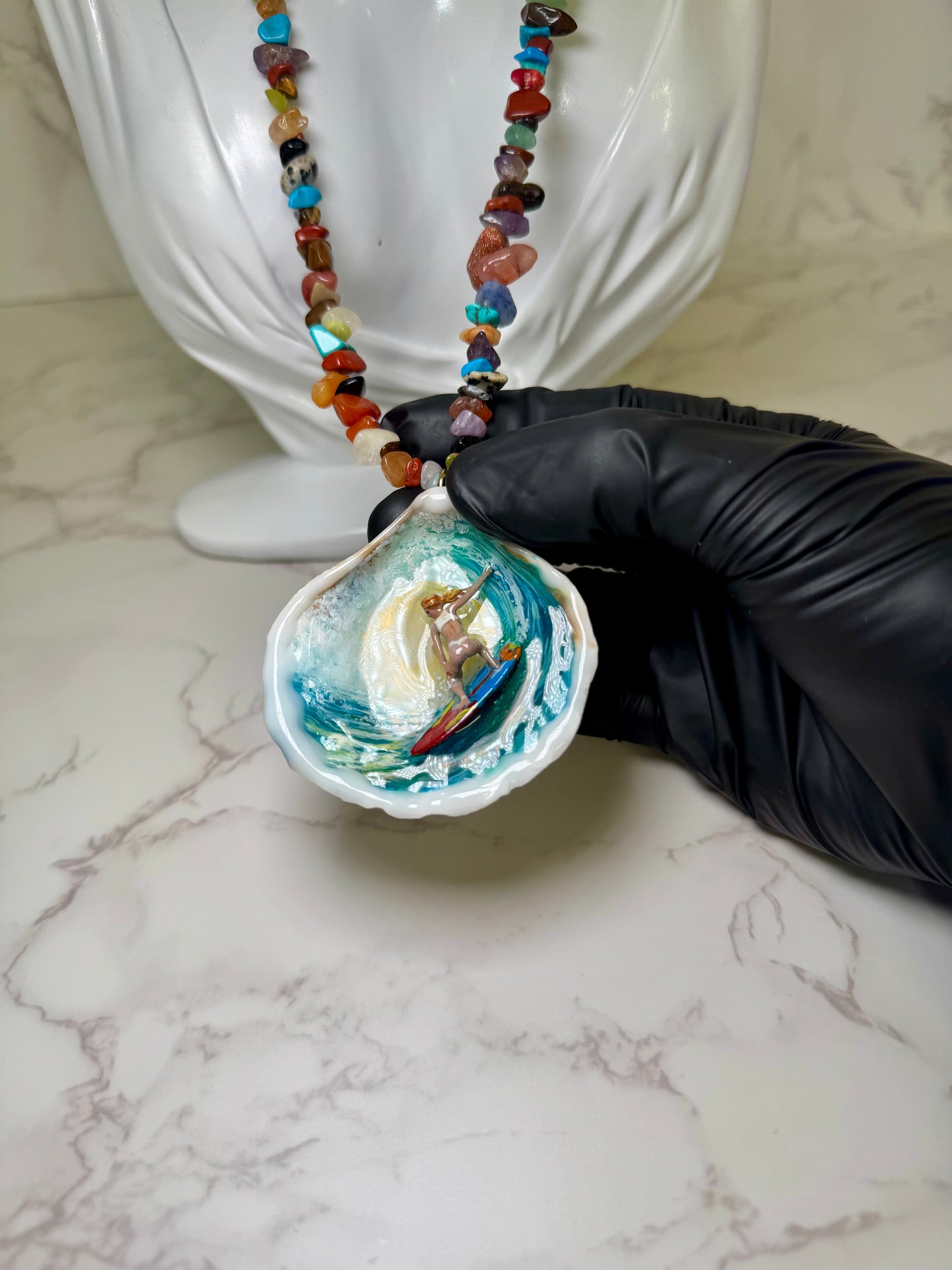 Handmade Brass Surfer Necklace Suspended Over Painted Ocean in Resin on Multicolor Stone Beads