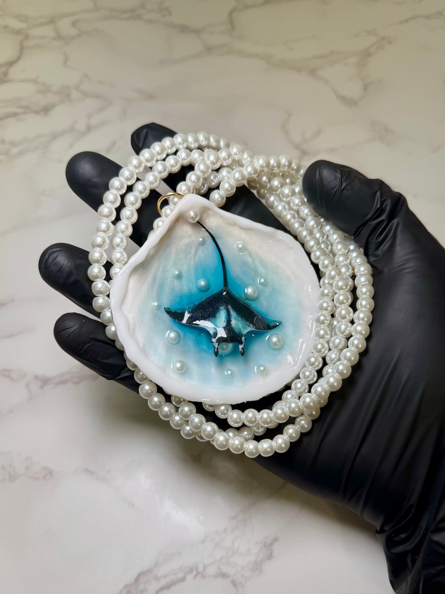 Pearl Beautiful Handmade Manta Ray Necklace Encapsulated in Real Shell with UV Resin on Pearl Strand