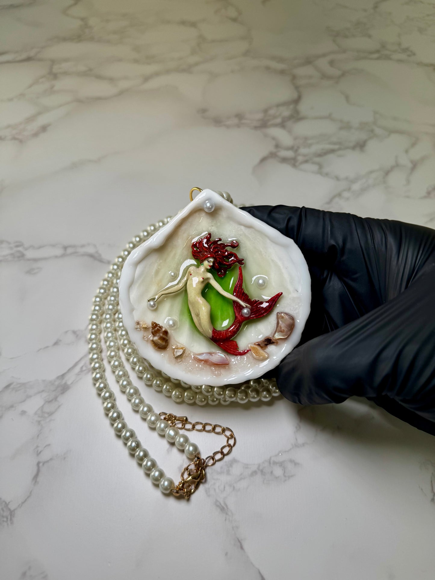Winter Red Tail Mermaid Sea Shell Necklace – Mermaid in Shell with UV Resin