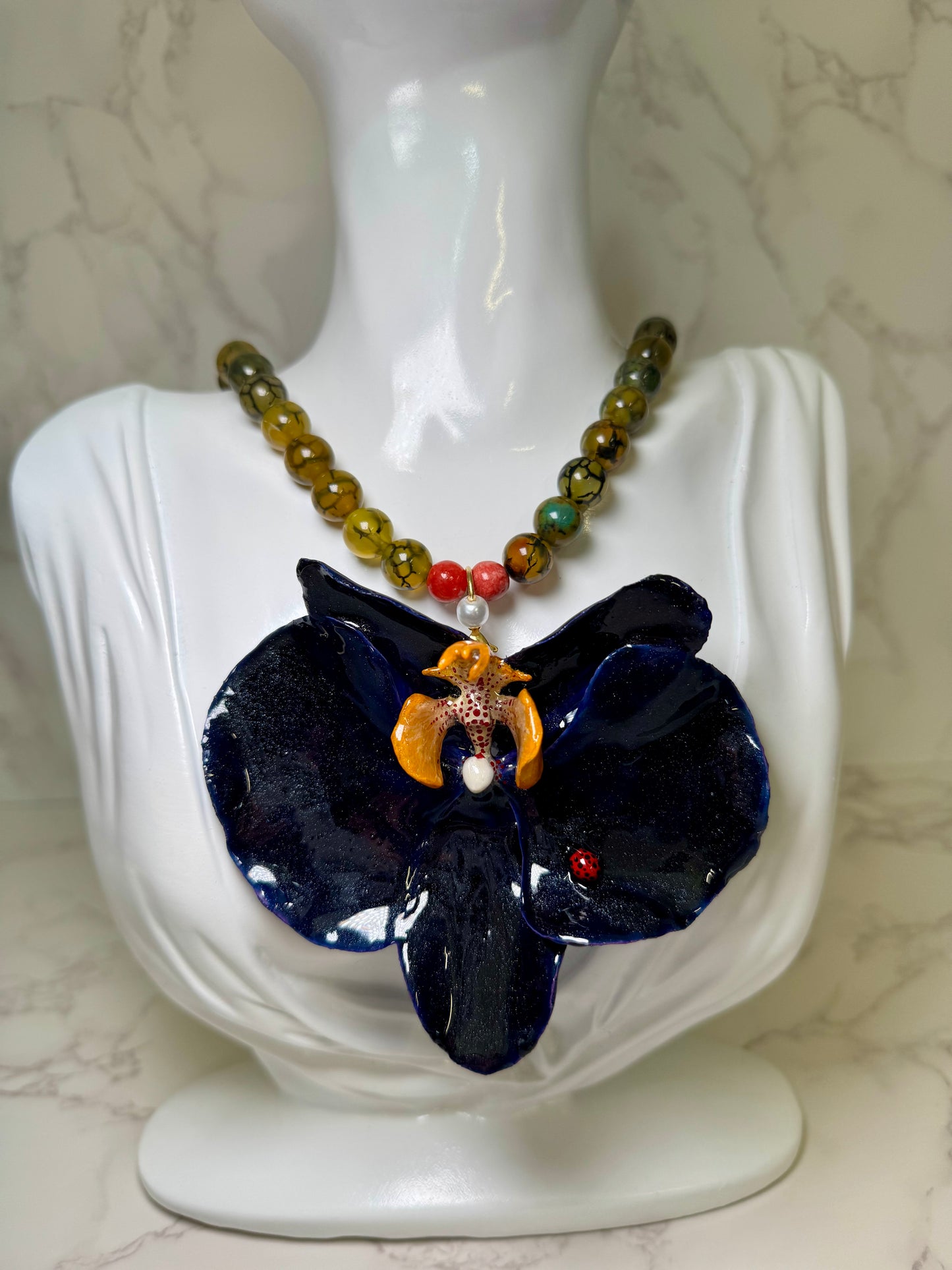 Dark Blue Orchid with Ladybug Necklace Real Preserved Orchid Jewelry – Natural Orchids in UV Resin