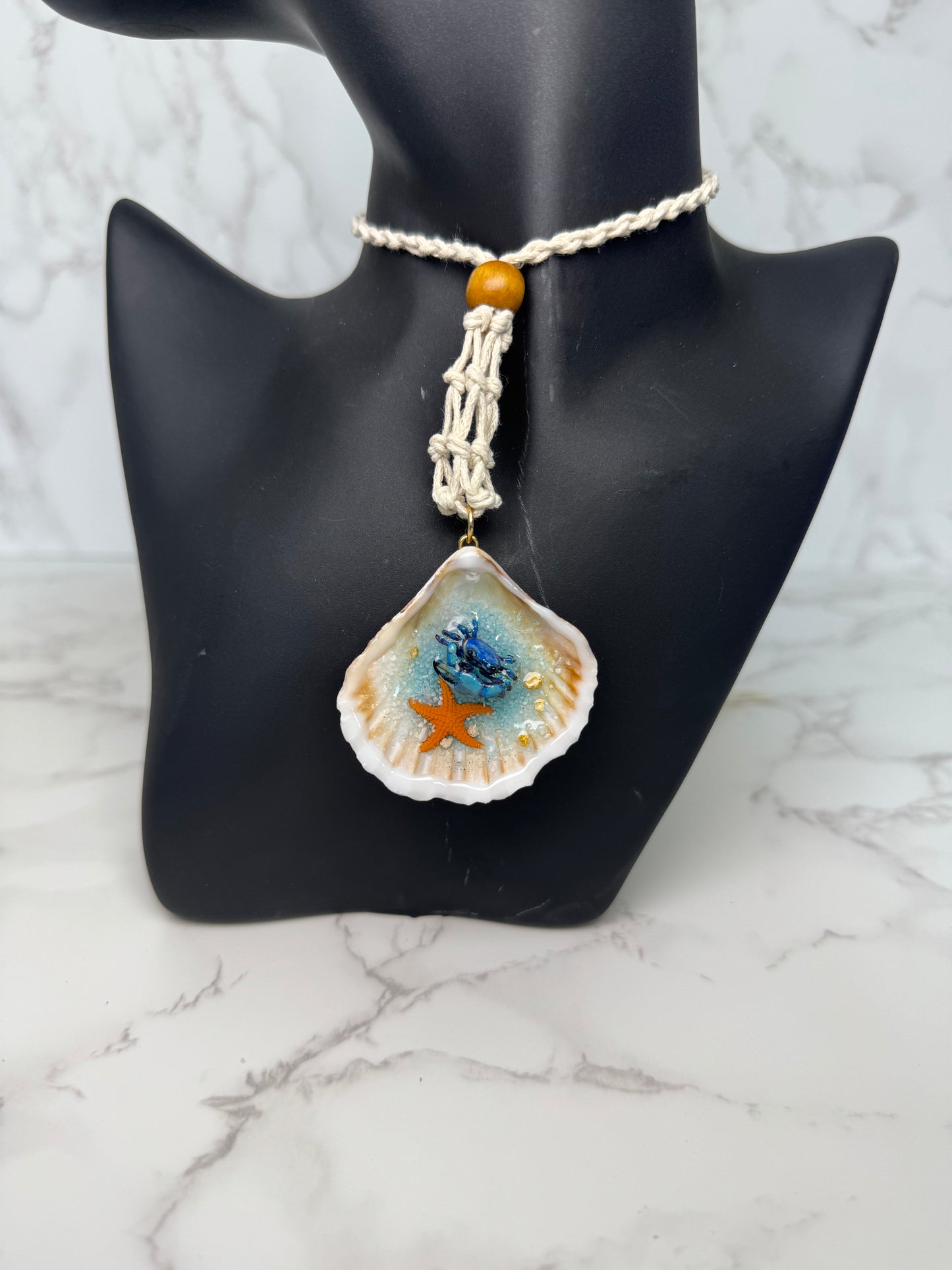 Mini Blue Sand Crab with Starfish Handmade Mini Sand Crab Necklace Encapsulated in Real Shell with UV Resin