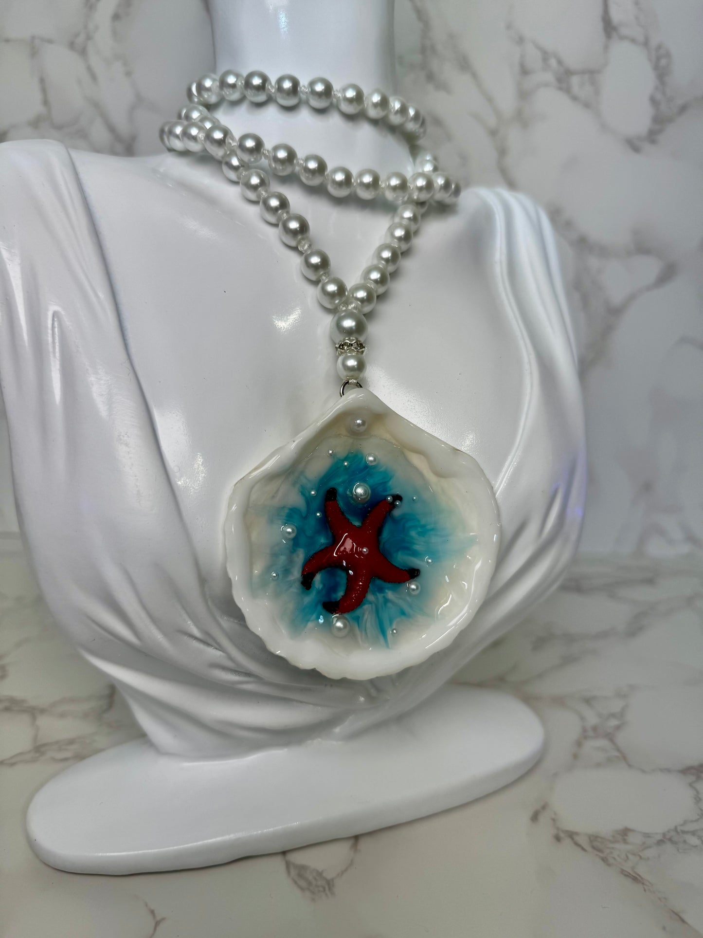 Set Beautiful Red Handmade Red Starfish Necklace with Black Tips Encapsulated in Real Shell with UV Resin