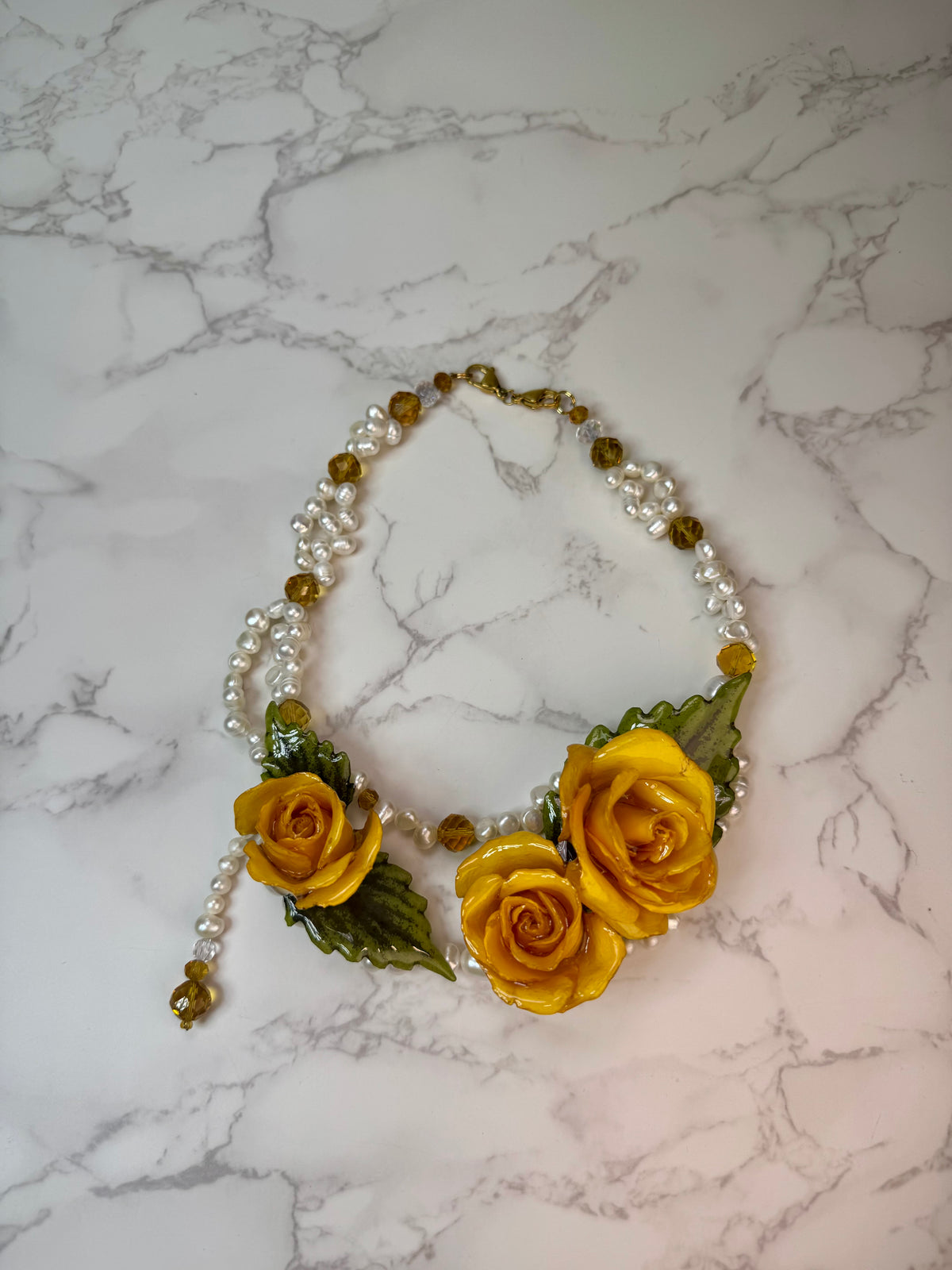 Ana Eternal Rose – Real Yellow Rose in UV Resin & Freshwater Pearl Necklace | Handmade Floral Jewelry | Made in USA