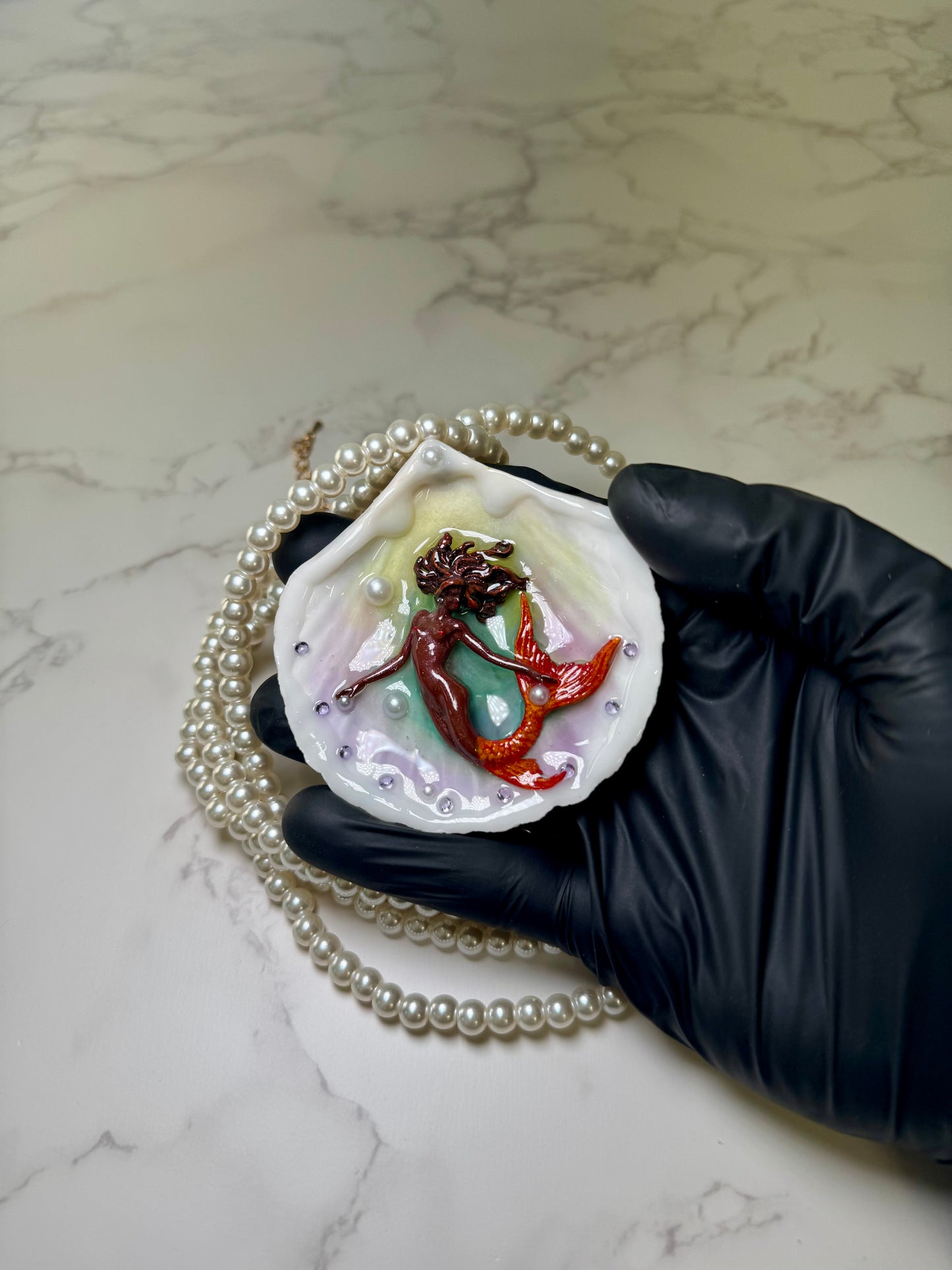 October Brownskin Mermaid Sea Shell Necklace – Mermaid in Shell with UV Resin