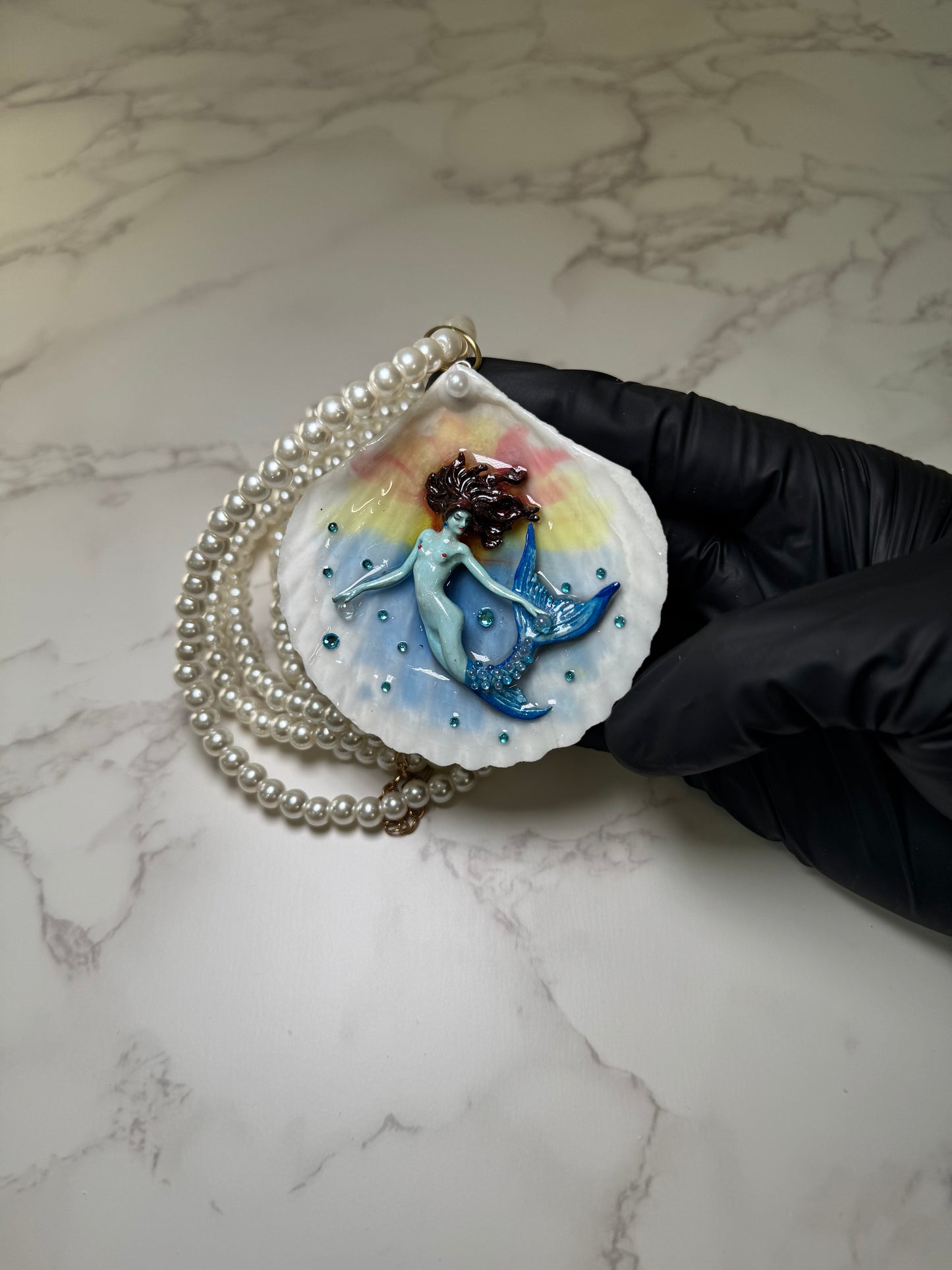 February Shimmering Tail Mermaid Sea Shell Necklace – Mermaid in Shell with UV Resin