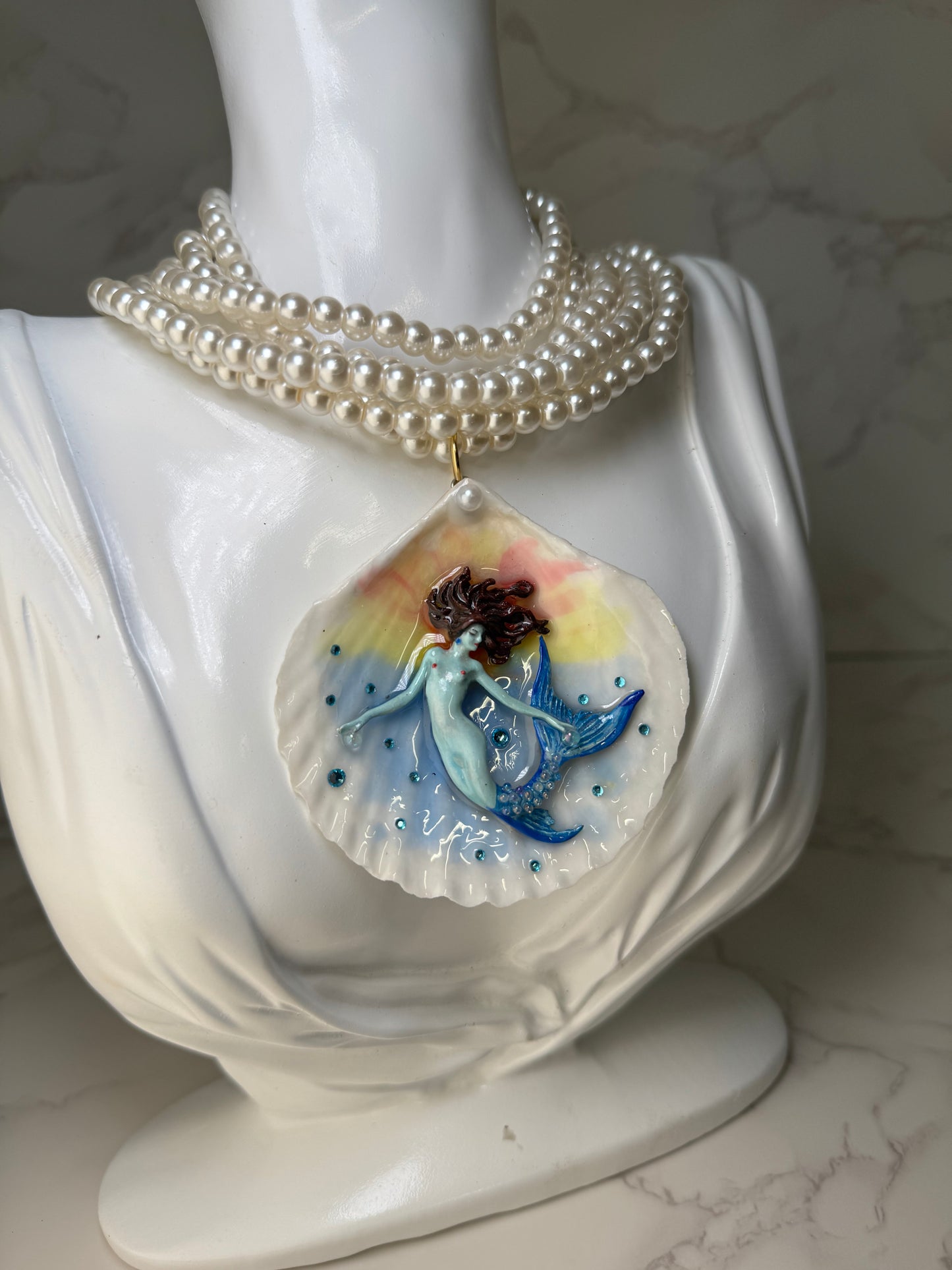February Shimmering Tail Mermaid Sea Shell Necklace – Mermaid in Shell with UV Resin