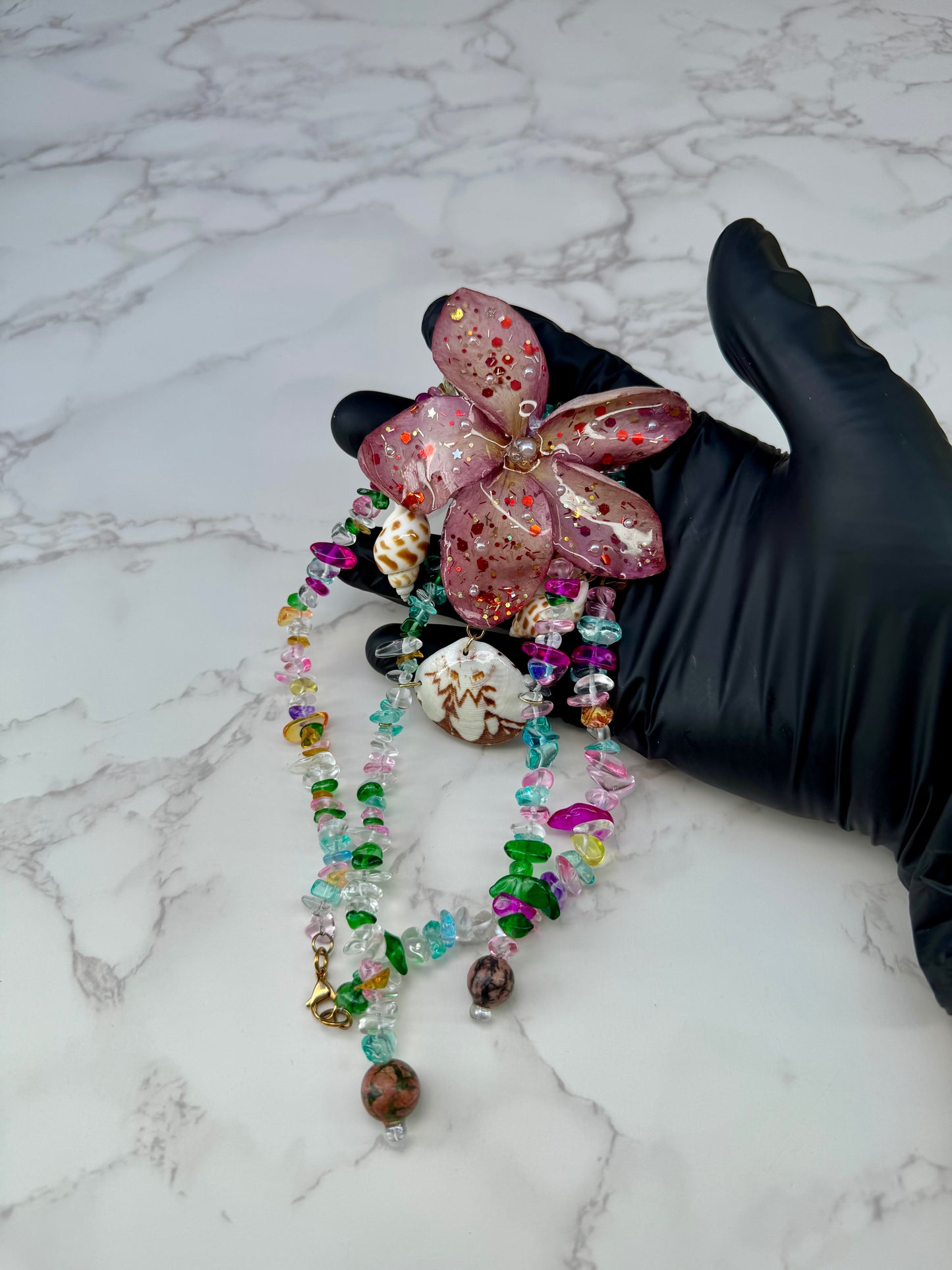 Coral Spark Plumeria Flower Necklace with Seashell Charms – Mini Crystal Beaded Jewelry
