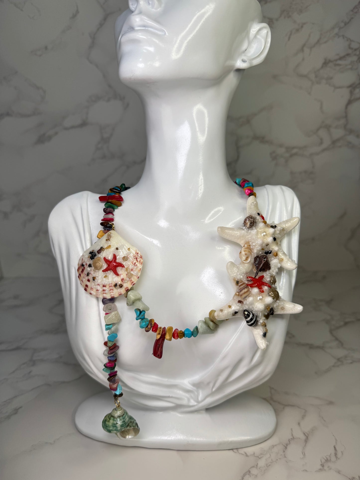 White Starfish, Seashell & Rock Crystal Necklace