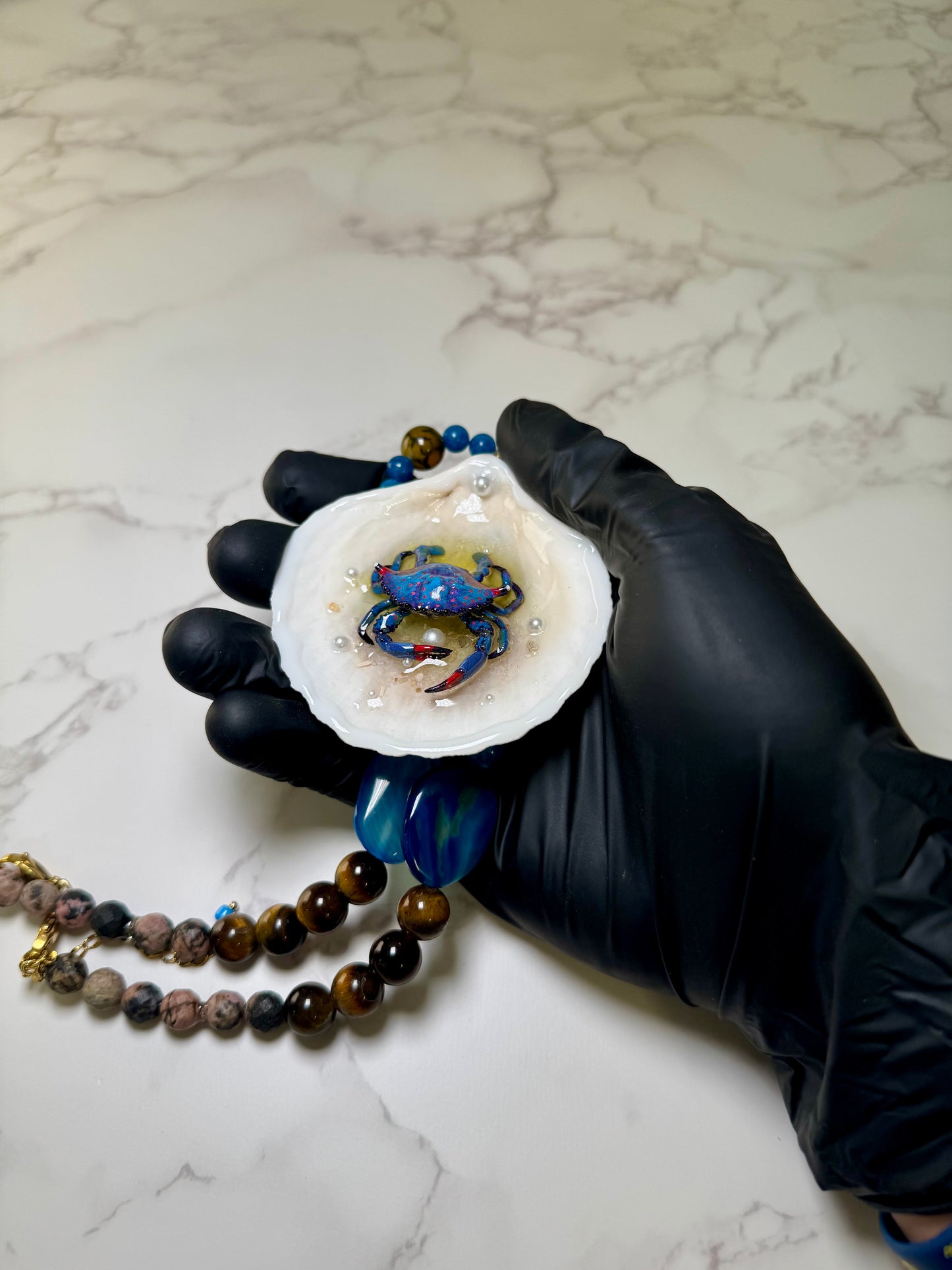 Blue Crab with Red Accents Shell Necklace - Encapsulated in Real Shell with UV Resin