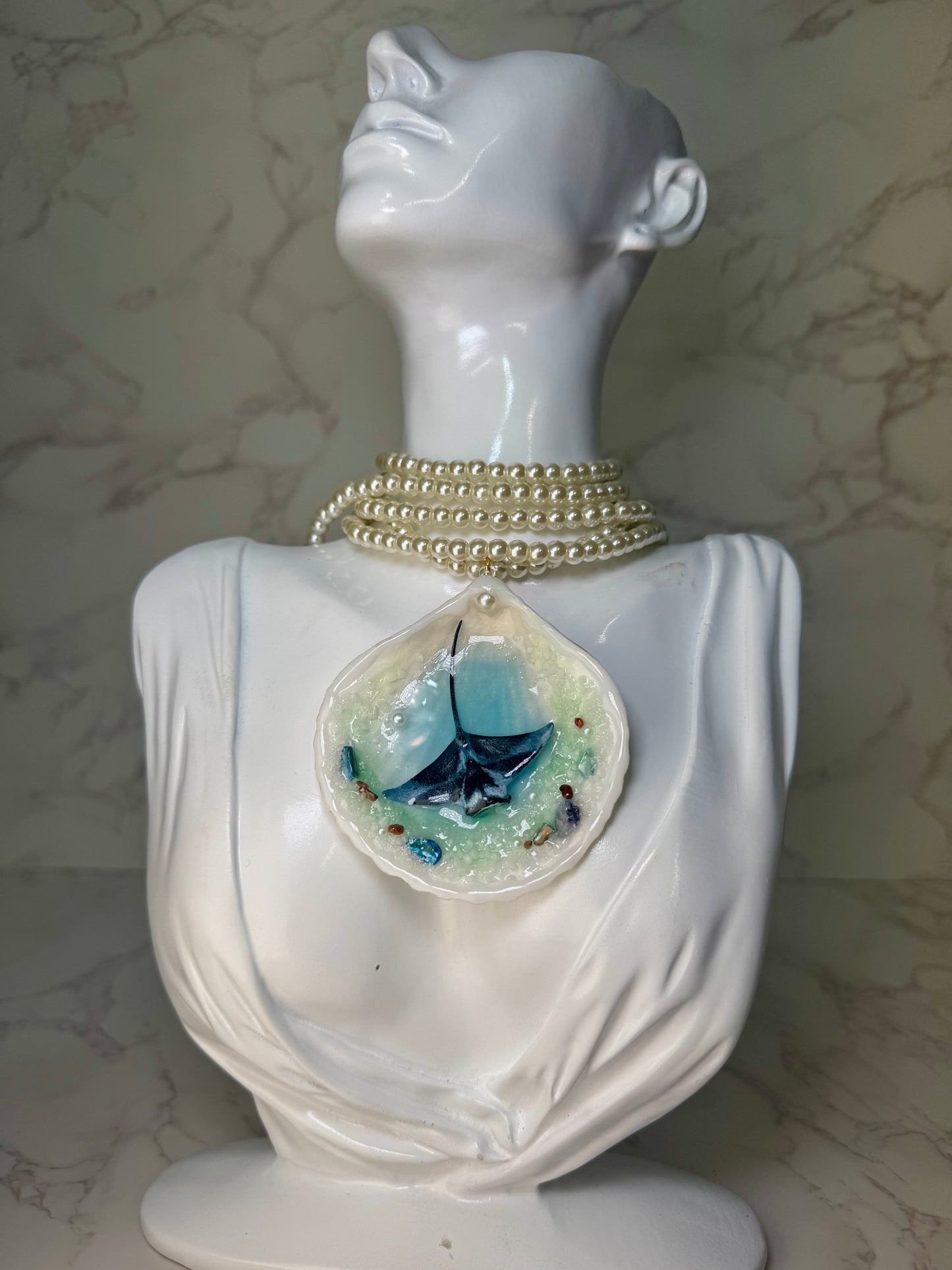 Pearl Handmade Manta Ray Necklace Encapsulated in Real Shell with UV Resin on Pearl Strand