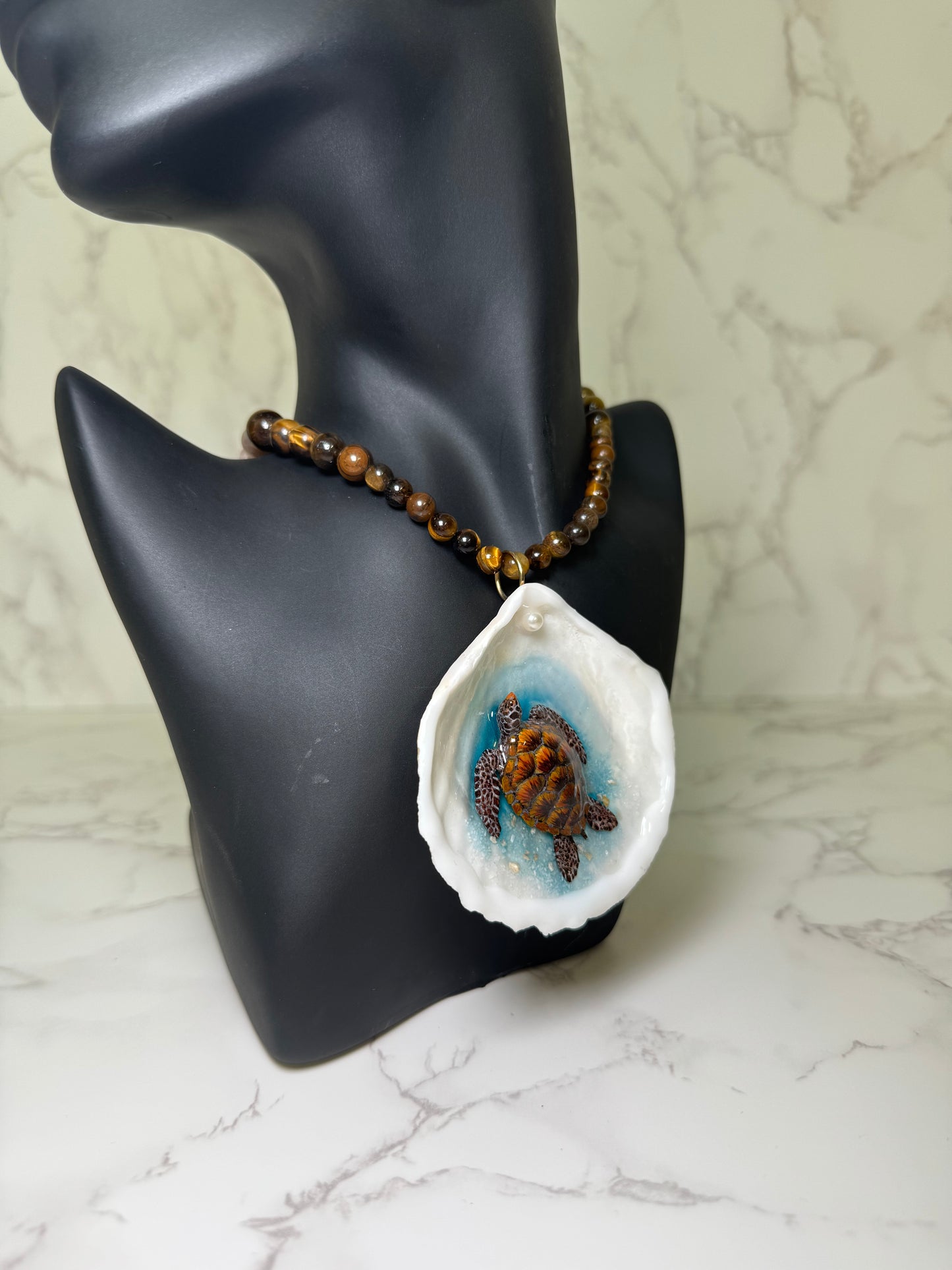 Dark Brown Sea Turtle Resin‑Encased Sea Turtle in Shell with UV Resin on Crystal Bead Necklace