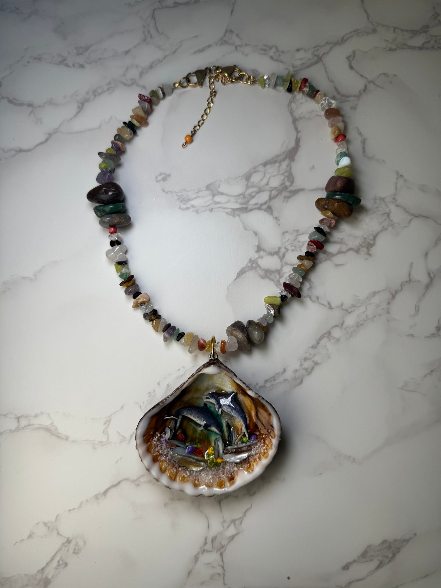 Dolphin Duo Playing Big Reef Shell Necklace - Encapsulated in Real Shell with UV Resin