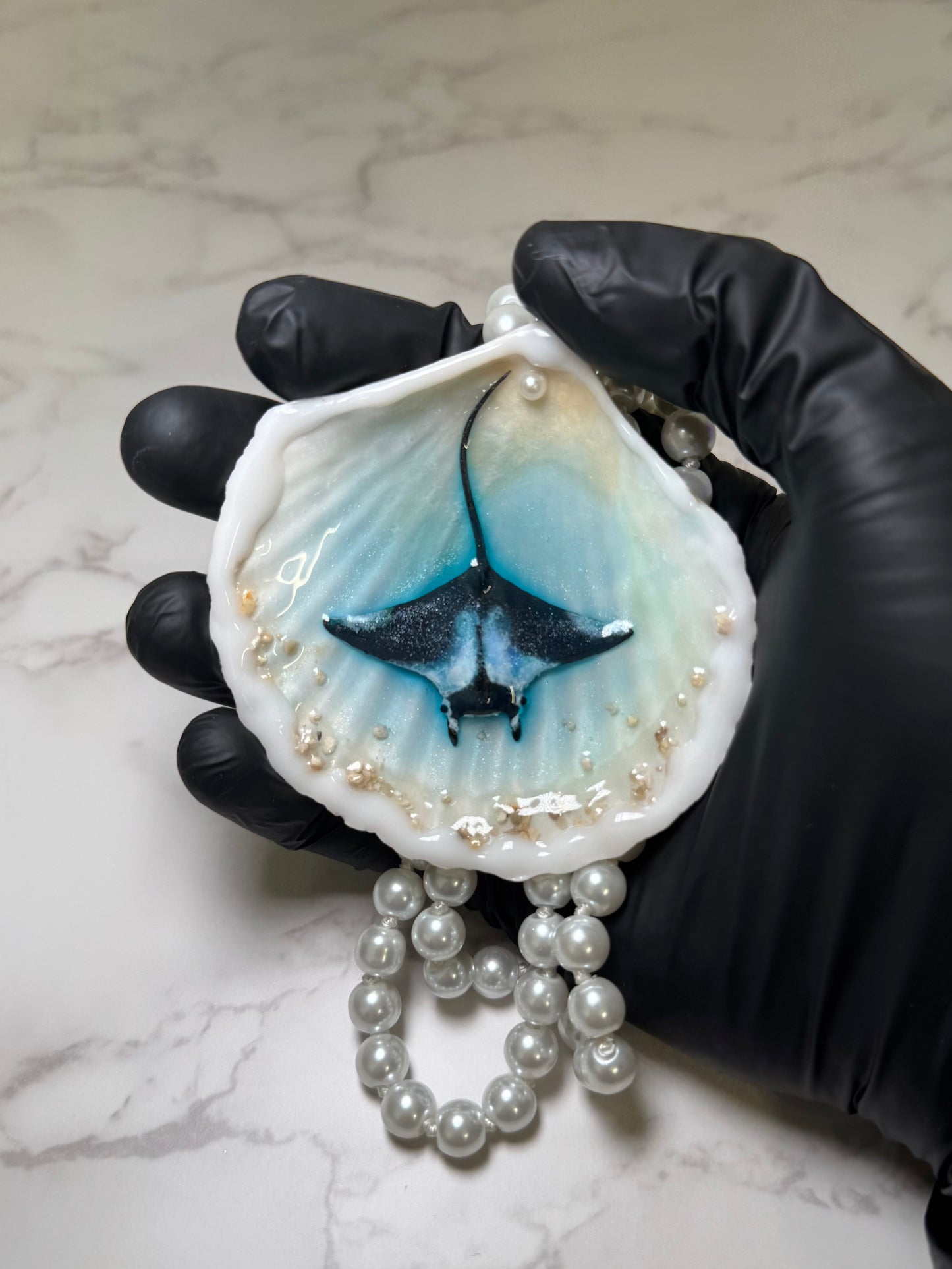 Pearl Handmade Manta Ray Necklace Encapsulated in Real Shell with UV Resin on Pearl Strand
