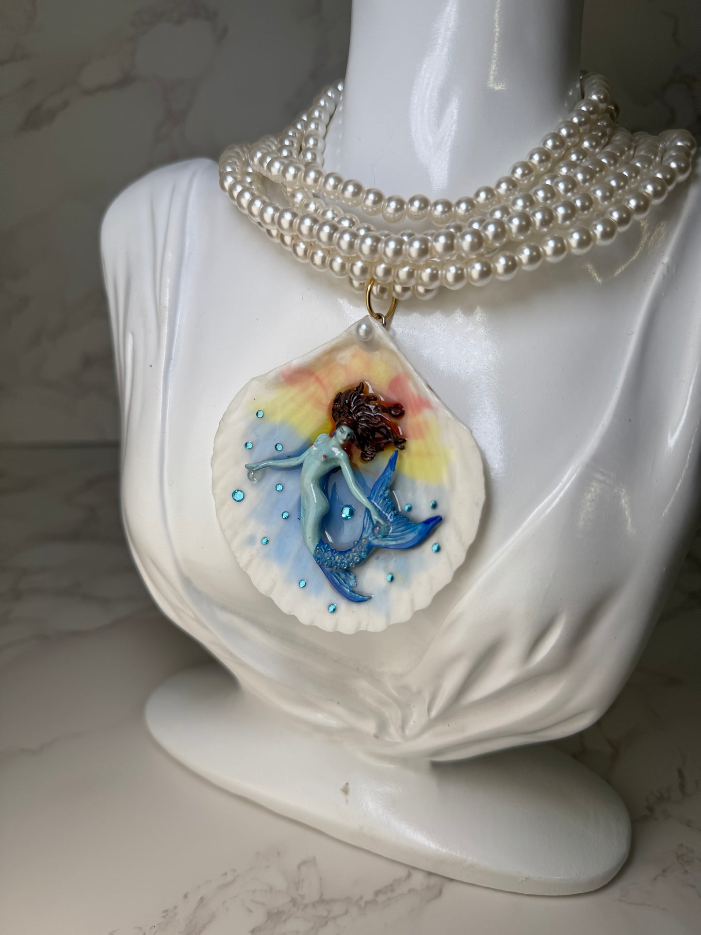 February Shimmering Tail Mermaid Sea Shell Necklace – Mermaid in Shell with UV Resin
