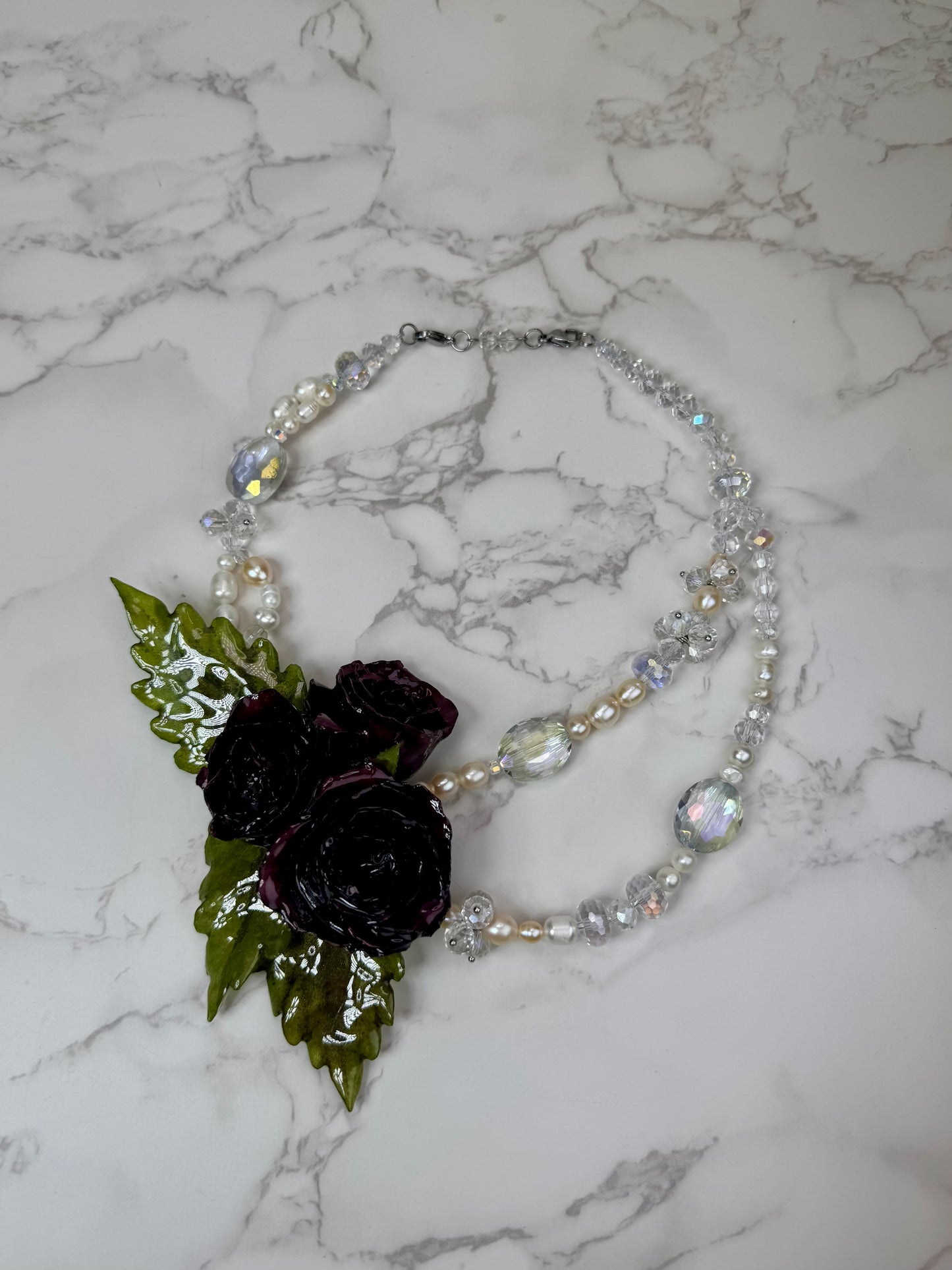 3 Aurora Eternal Rose – Real Red Rose in UV Resin & Freshwater Pearl Necklace | Handmade Floral Jewelry | Made in USA