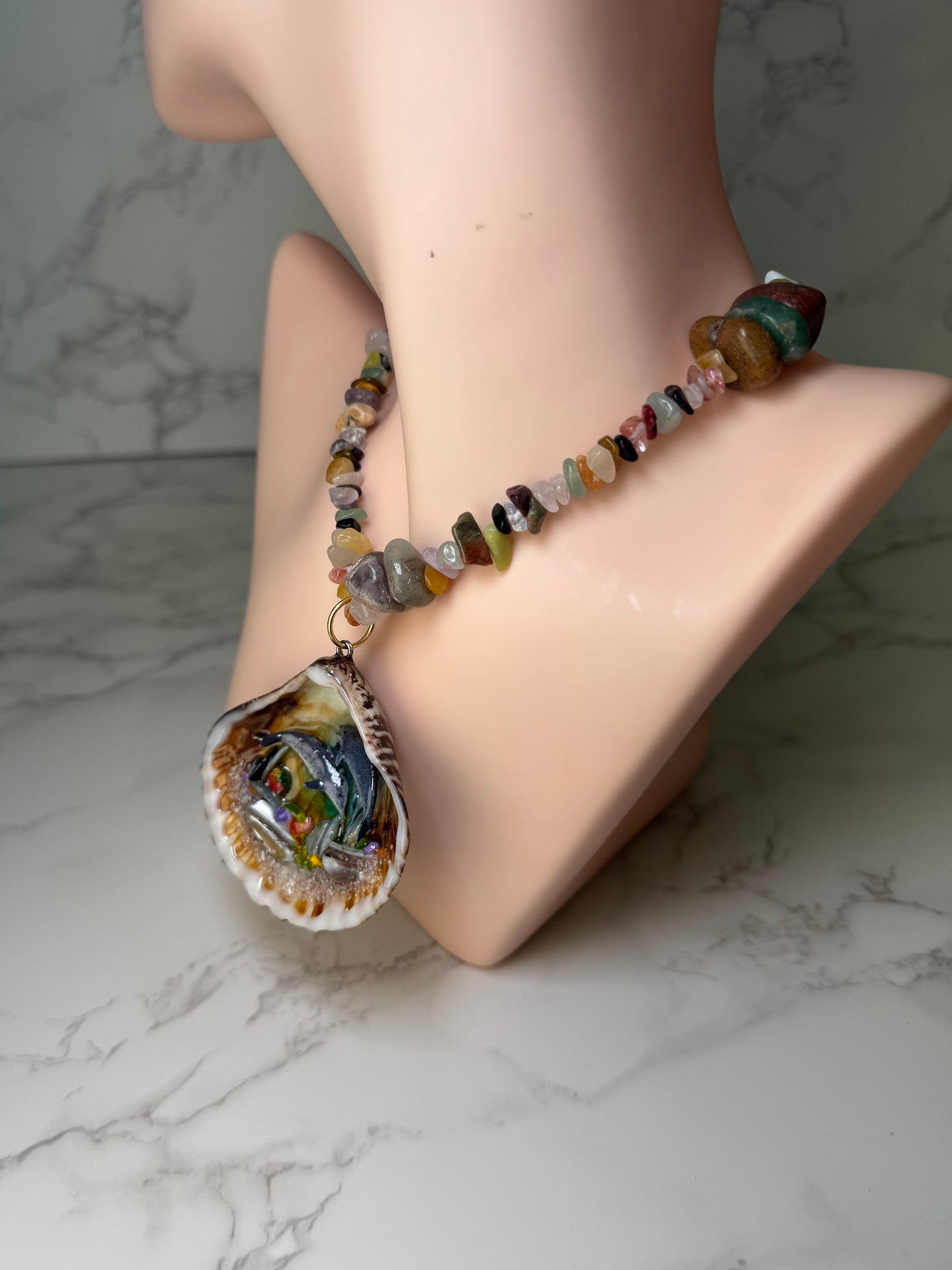 Dolphin Duo Playing Big Reef Shell Necklace - Encapsulated in Real Shell with UV Resin