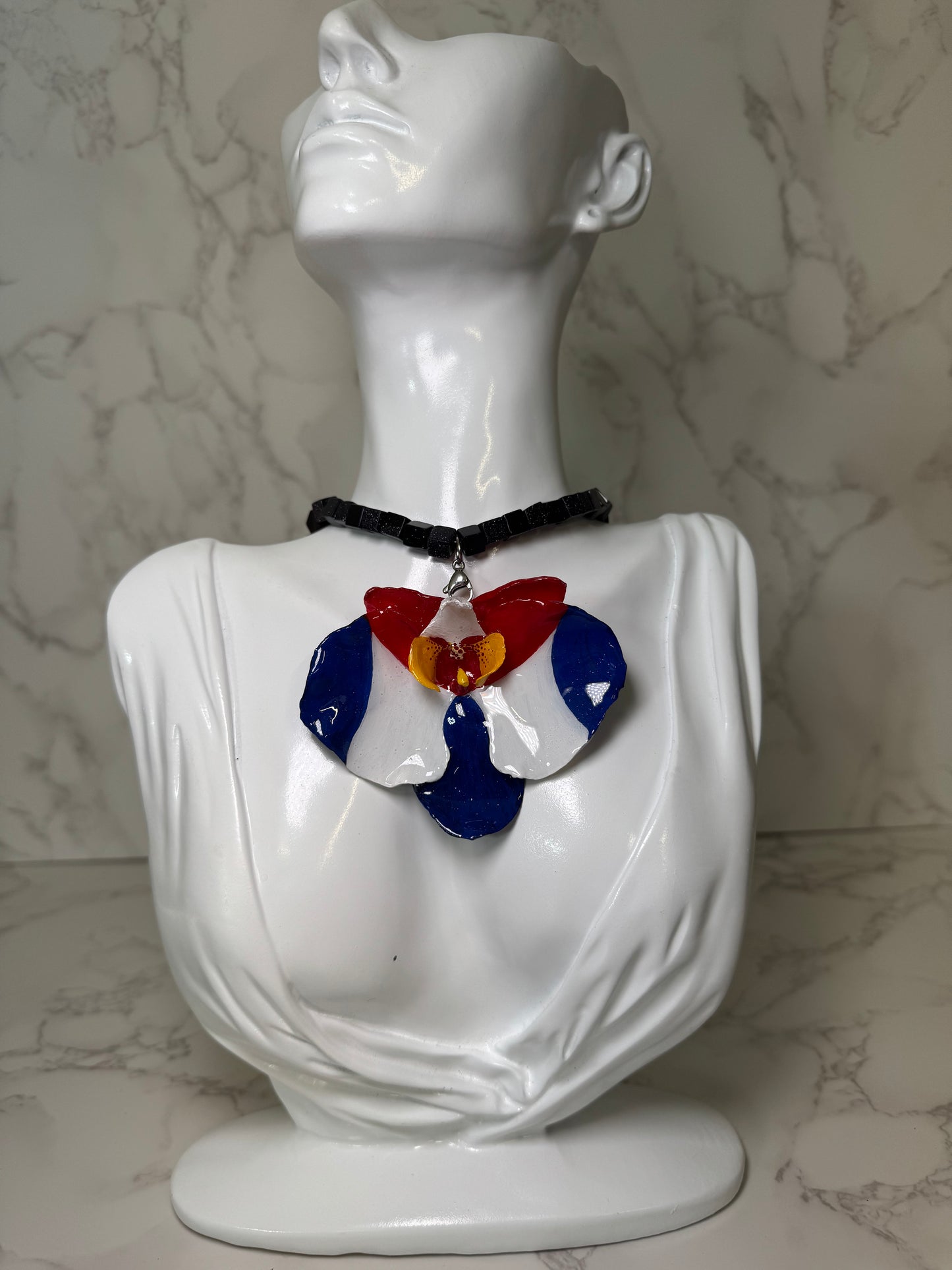 Medium Cuban Orchid Necklace Real Orchid with Cuban Flag – Handcrafted and Preserved in Resin