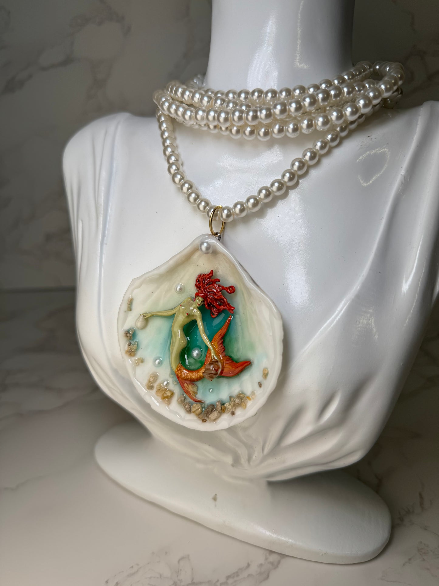 Summer Orange Mermaid Sea Shell Necklace – Mermaid in Shell with UV Resin