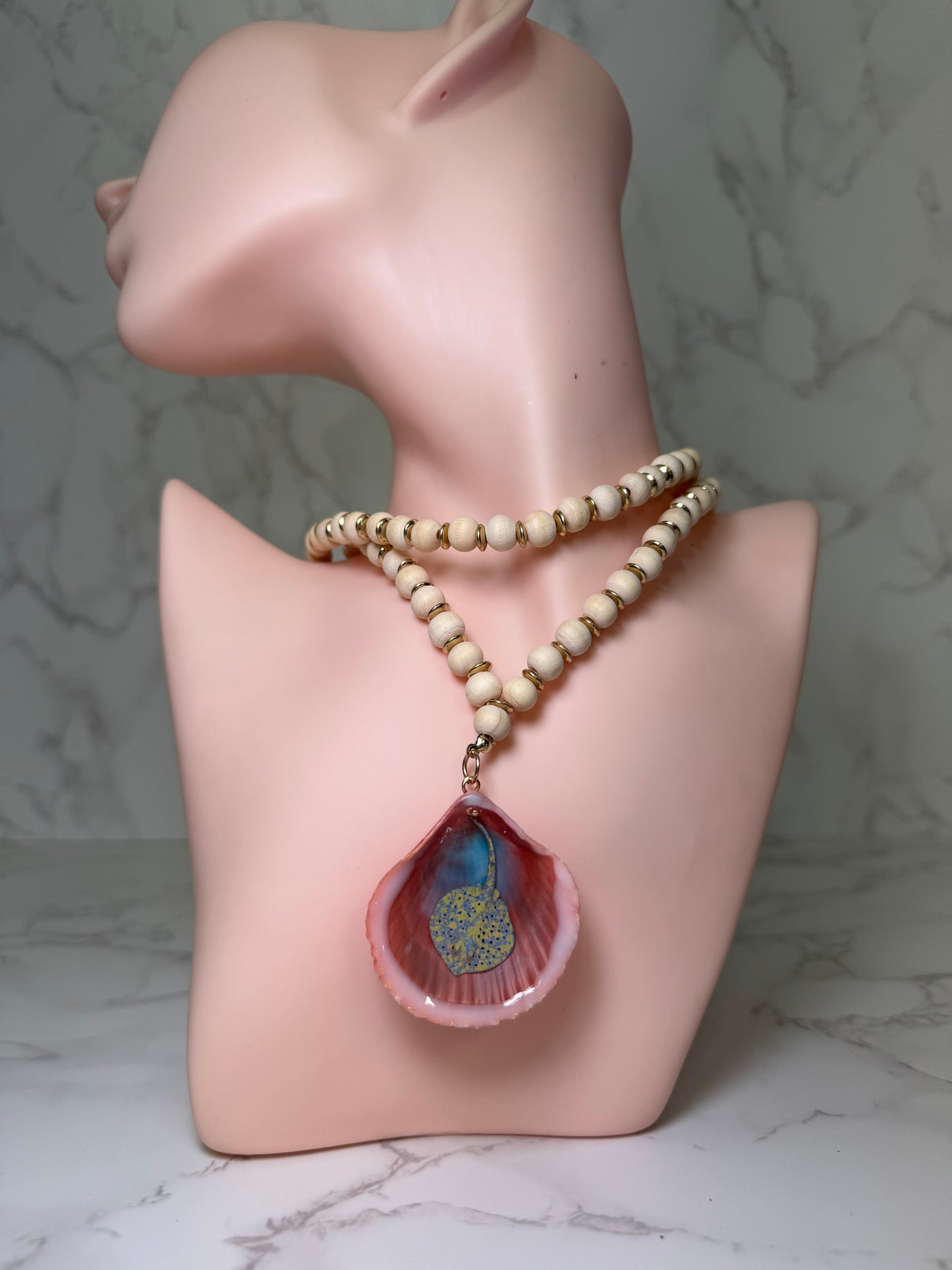 Light Single Sting Ray Handmade Stingray Necklace Encapsulated in Real Shell with UV Resin