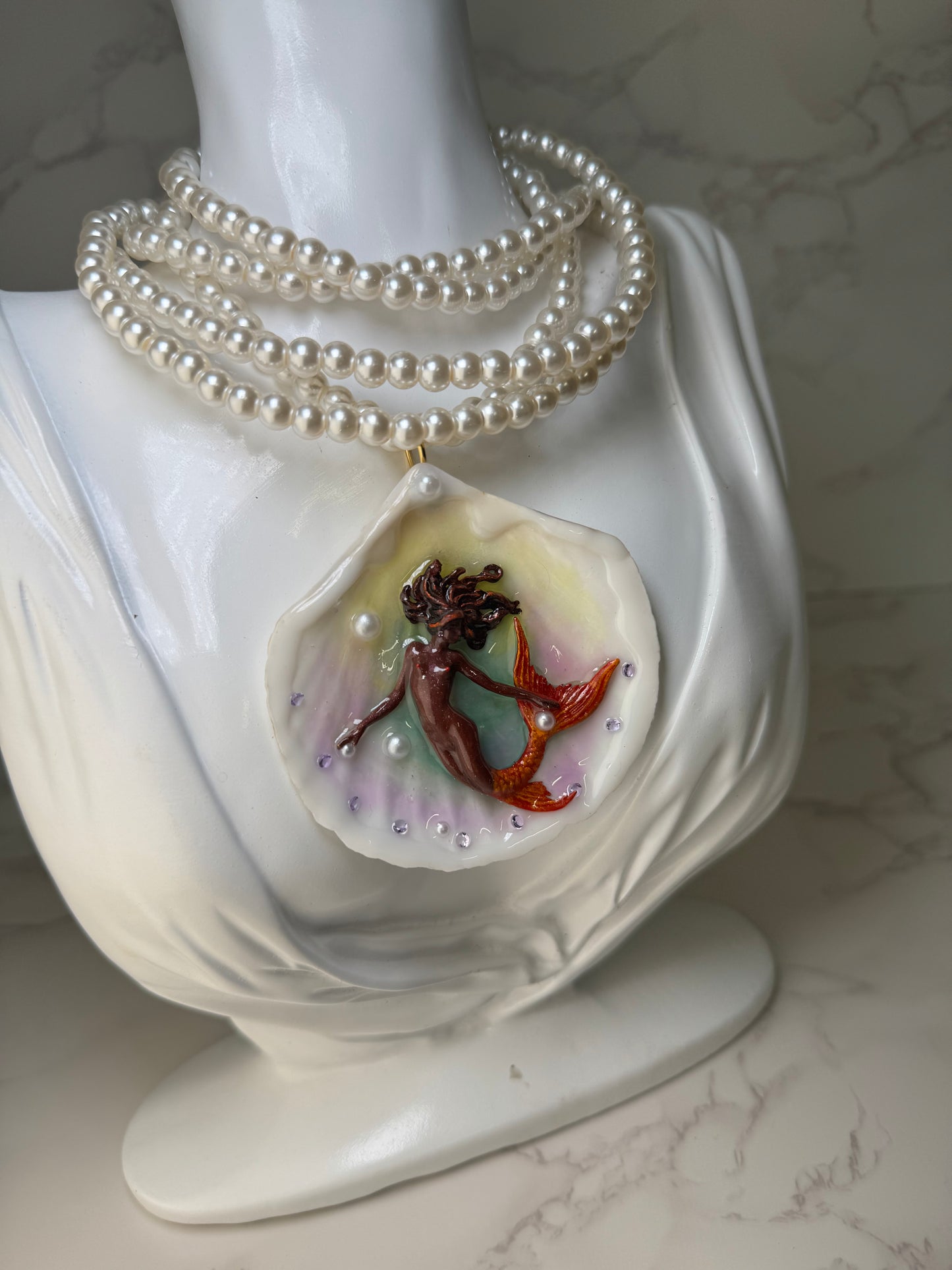 October Brownskin Mermaid Sea Shell Necklace – Mermaid in Shell with UV Resin