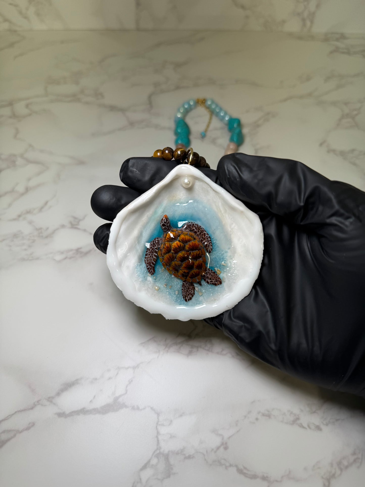 Dark Brown Sea Turtle Resin‑Encased Sea Turtle in Shell with UV Resin on Crystal Bead Necklace