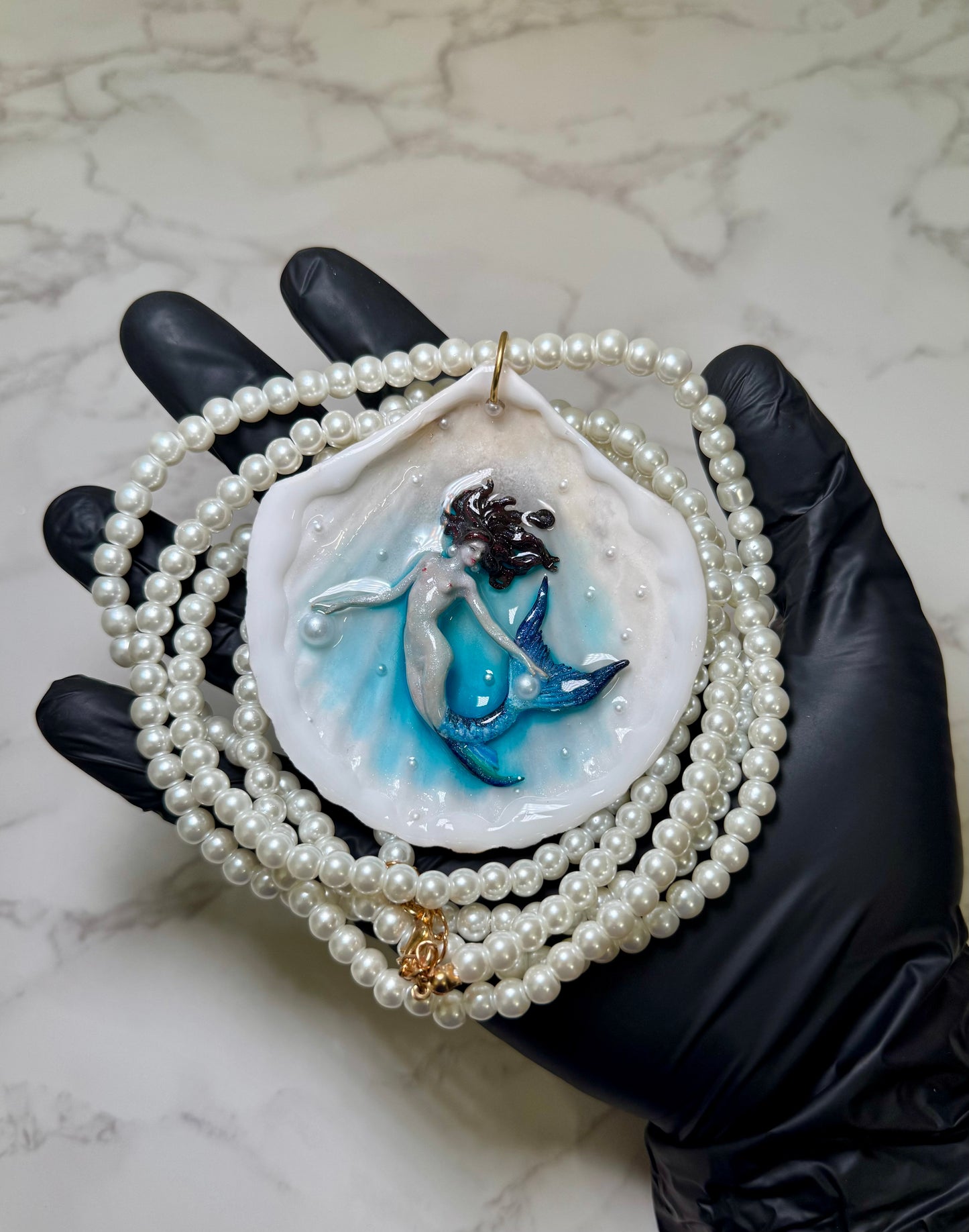 Latina Mermaid Necklace Handmade Latina Mermaid Necklace Encapsulated in Real Shell with UV Resin on Pearl Strand