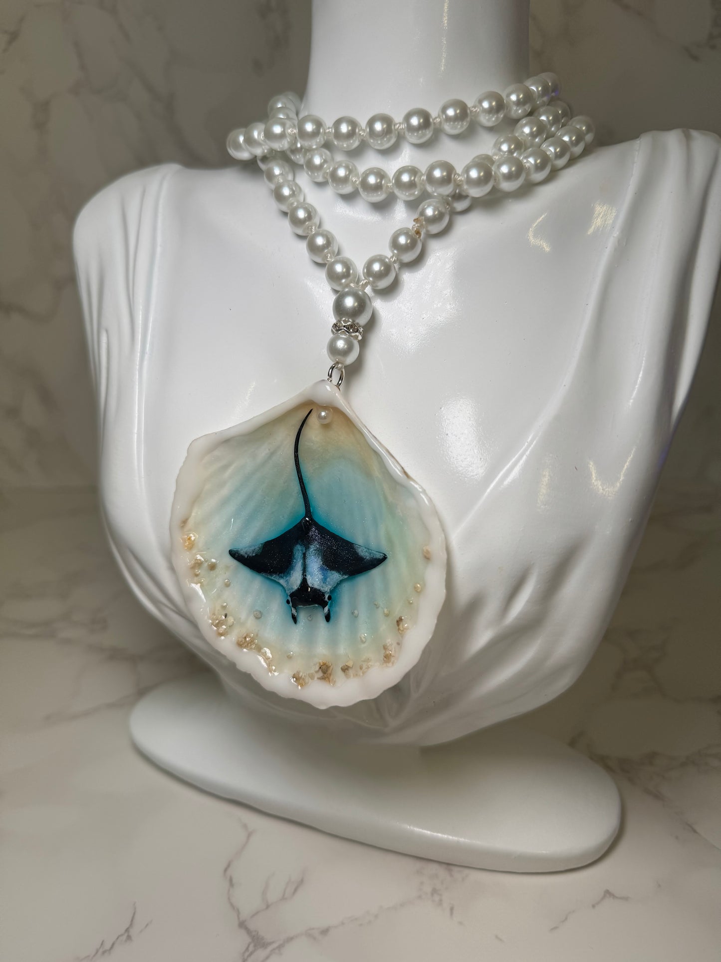 Pearl Handmade Manta Ray Necklace Encapsulated in Real Shell with UV Resin on Pearl Strand